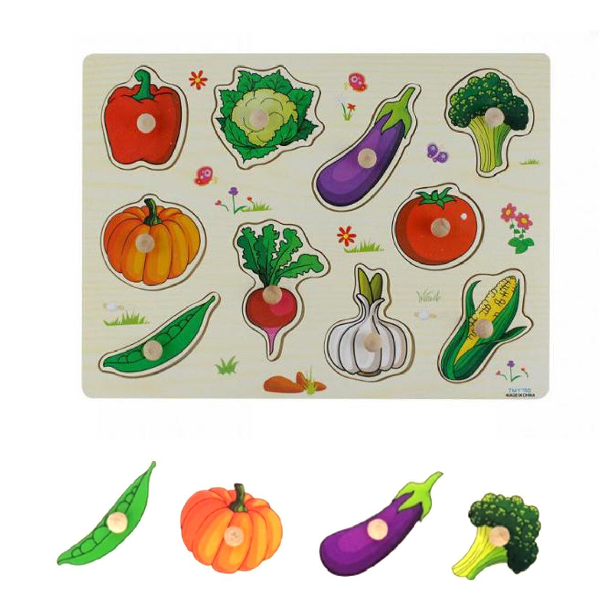 PUZZLE EN BOIS À ENCASTRER ÉDUCATIF LÉGUMES POIVRONS CITROUILLE SENSORIEL ENFANTS 07534