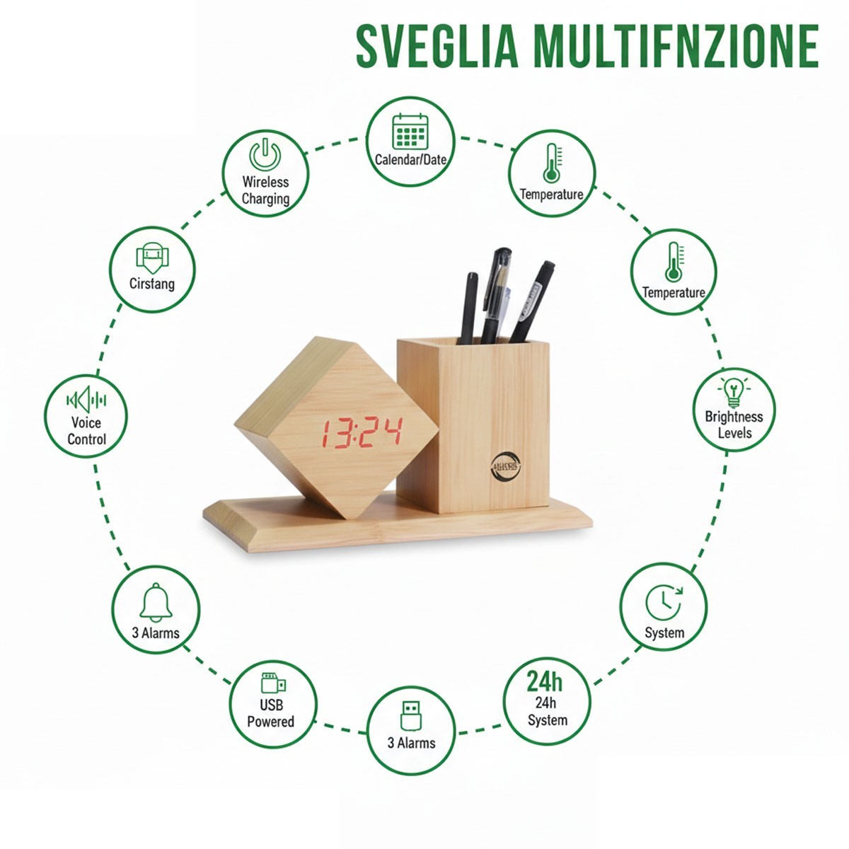 SVEGLIA DIGITALE MULTIFUNZIONE CON PORTAPENNE LEGNO LED TEMPERATURA USB 06725