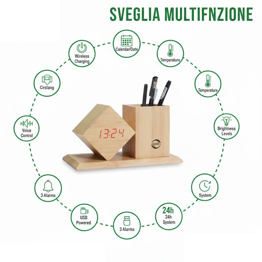 SVEGLIA DIGITALE MULTIFUNZIONE CON PORTAPENNE LEGNO LED TEMPERATURA USB 06725