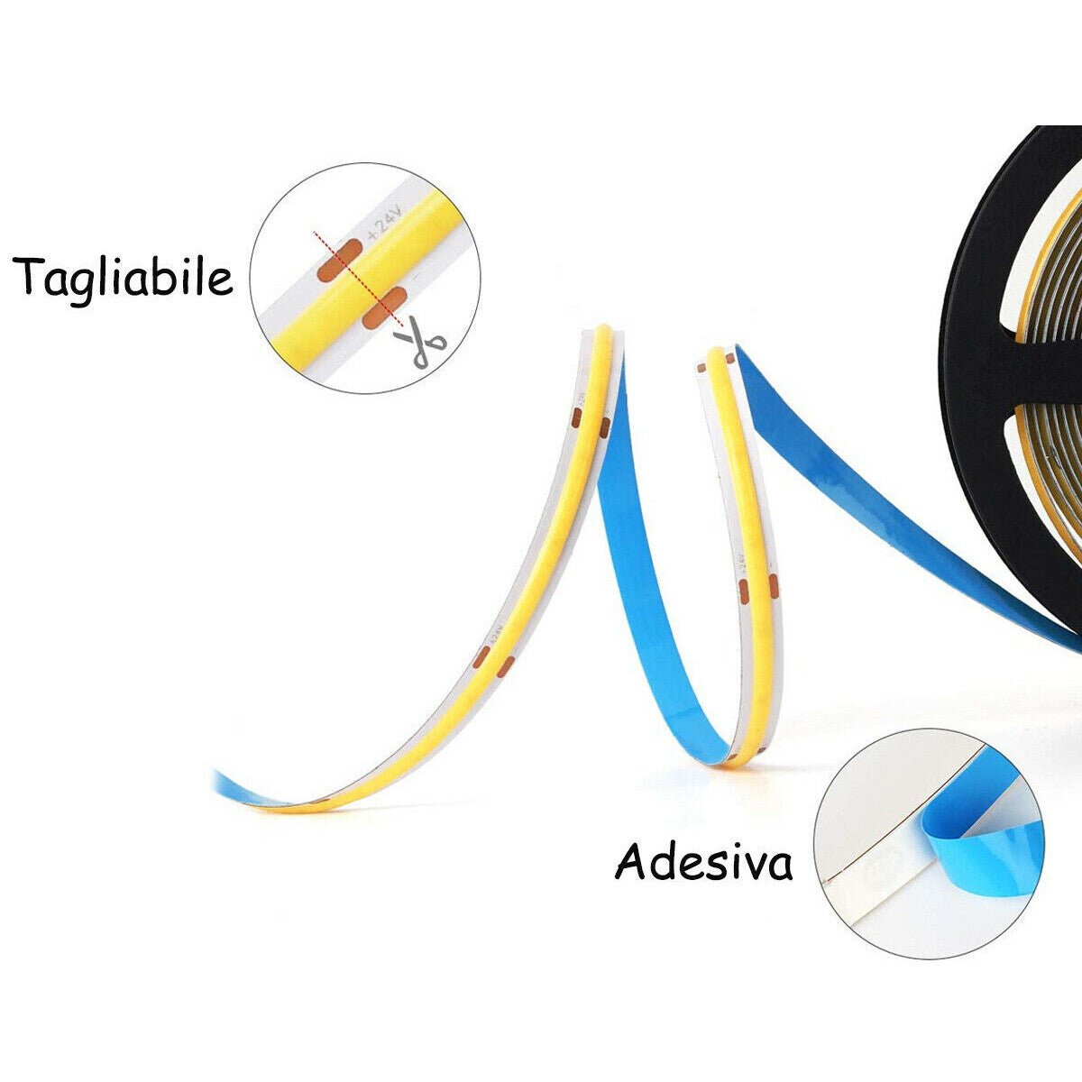 STRISCIA COB LED ADESIVA 5M LUCE BLU 40W TAGLIABILE FLESSIBILE COB320 12V