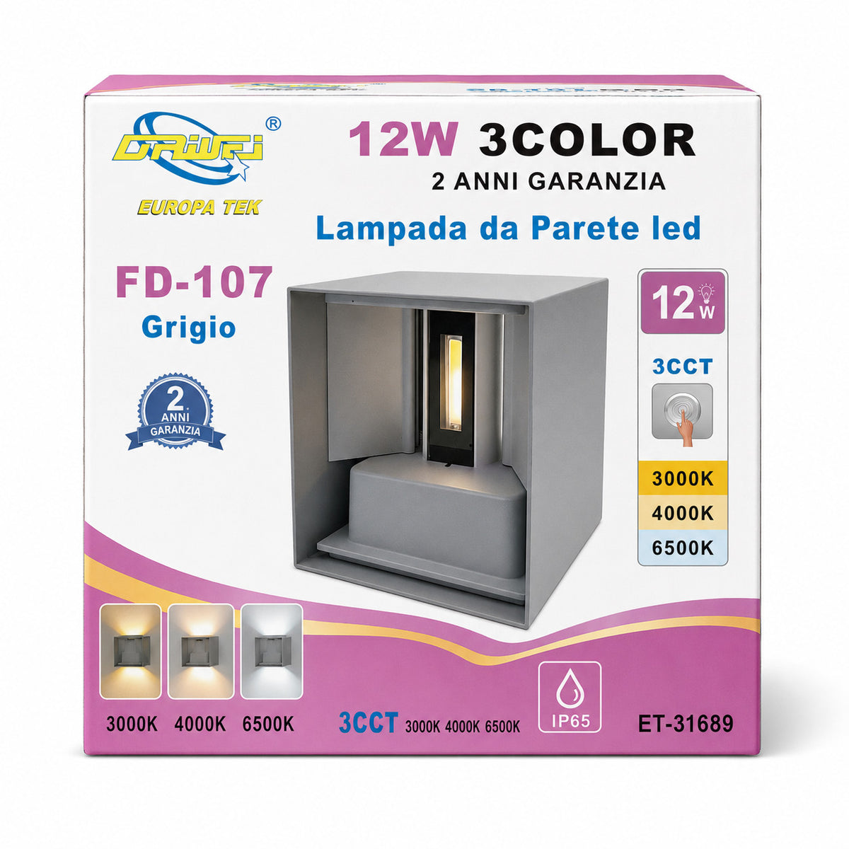 APPLIQUE LED 12W ESTERNO LAMPADA PARETE GRIGIO IP65 3000K 4000K 6000K ET-31689