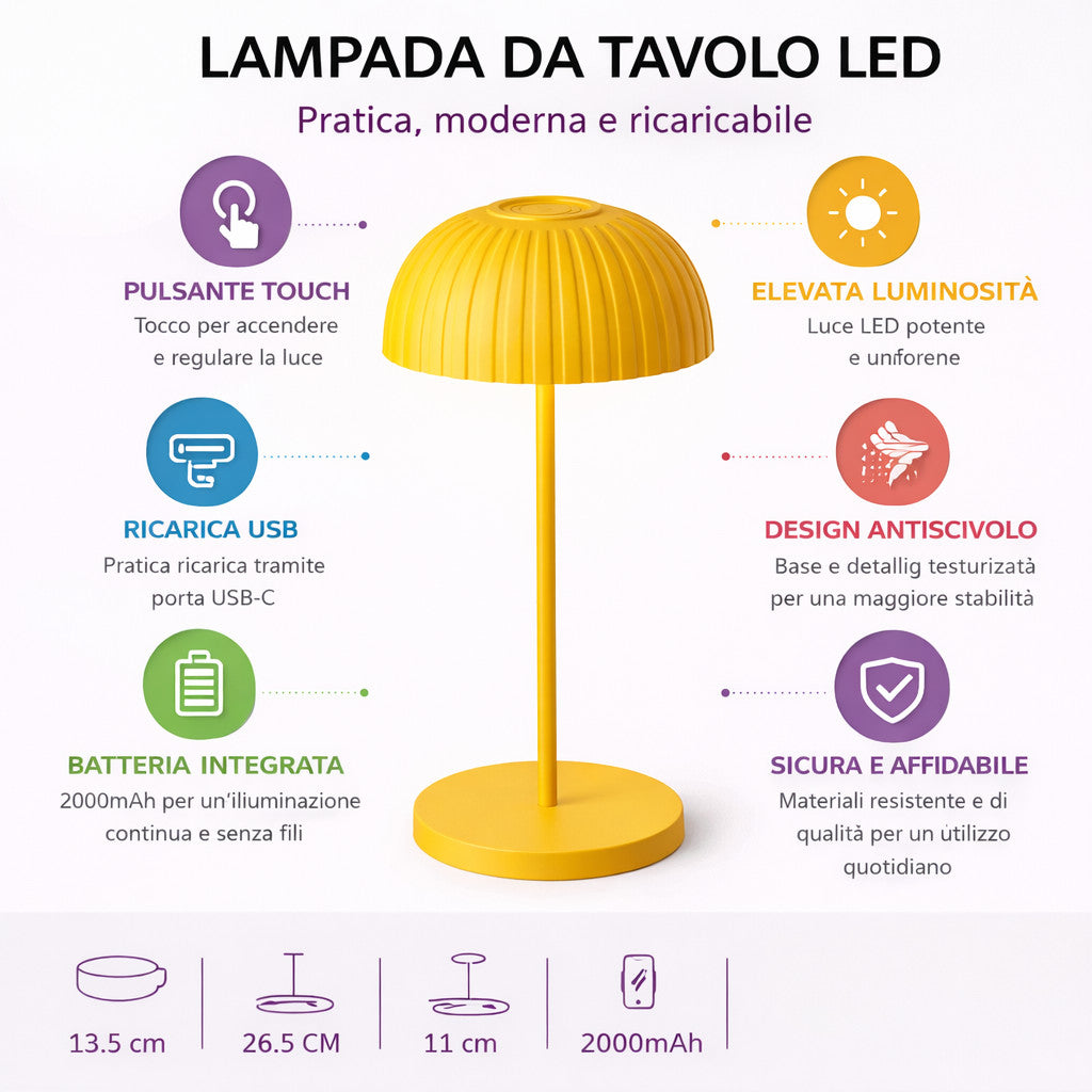 LAMPADA TAVOLO LED RICARICABILE GIALLA TOUCH USB BATTERIA 2000MAH DESIGN LPT144