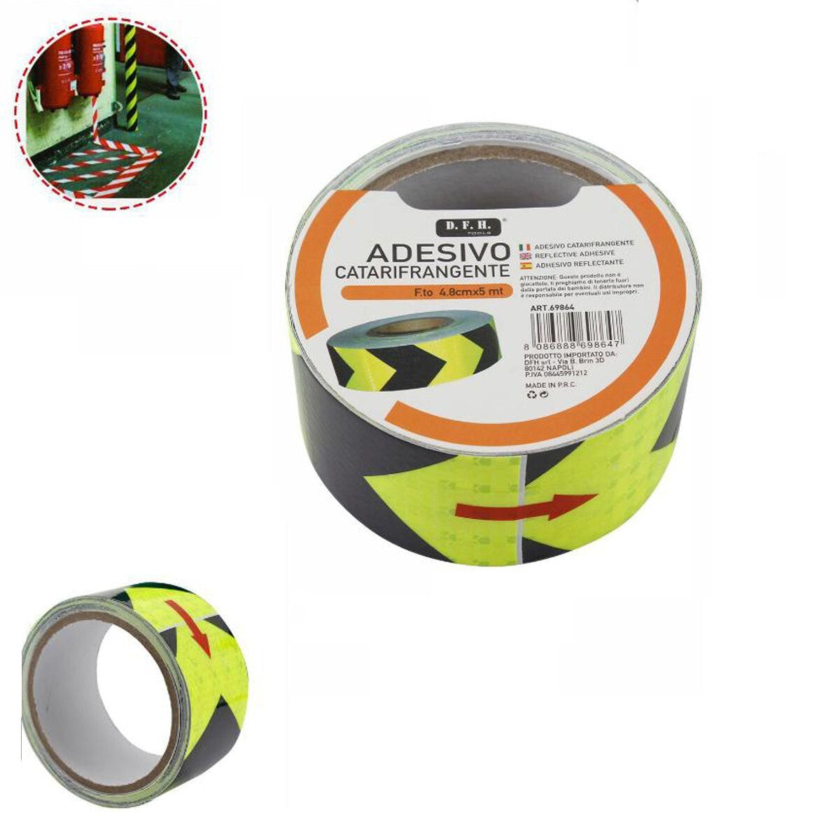 RUBAN ADHÉSIF RÉFLÉCHISSANT FLÈCHE JAUNE NOIR CATADIOPTRE ROULEAUX 10M 69864