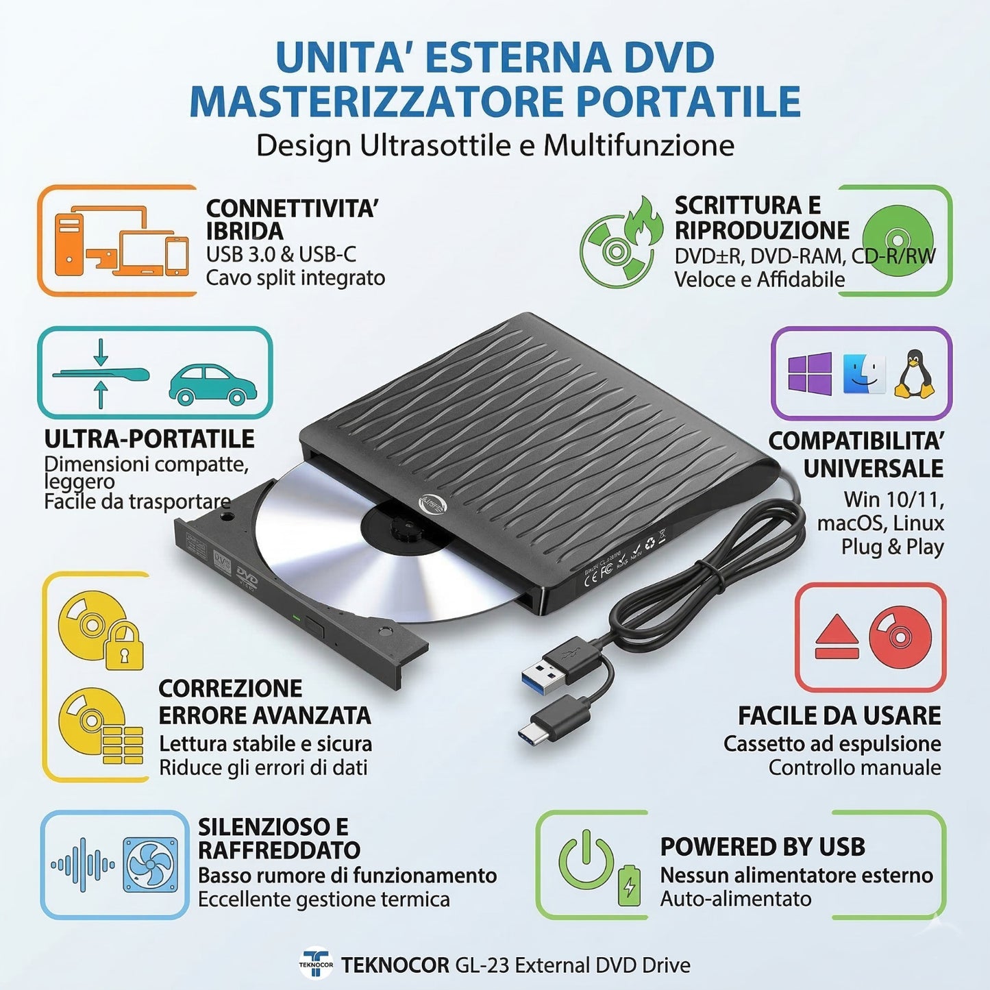 MASTERIZZATORE PER CD DVD DA ESTERNO USB PORTATILE ULTRASOTTILE PER PC AS-08132