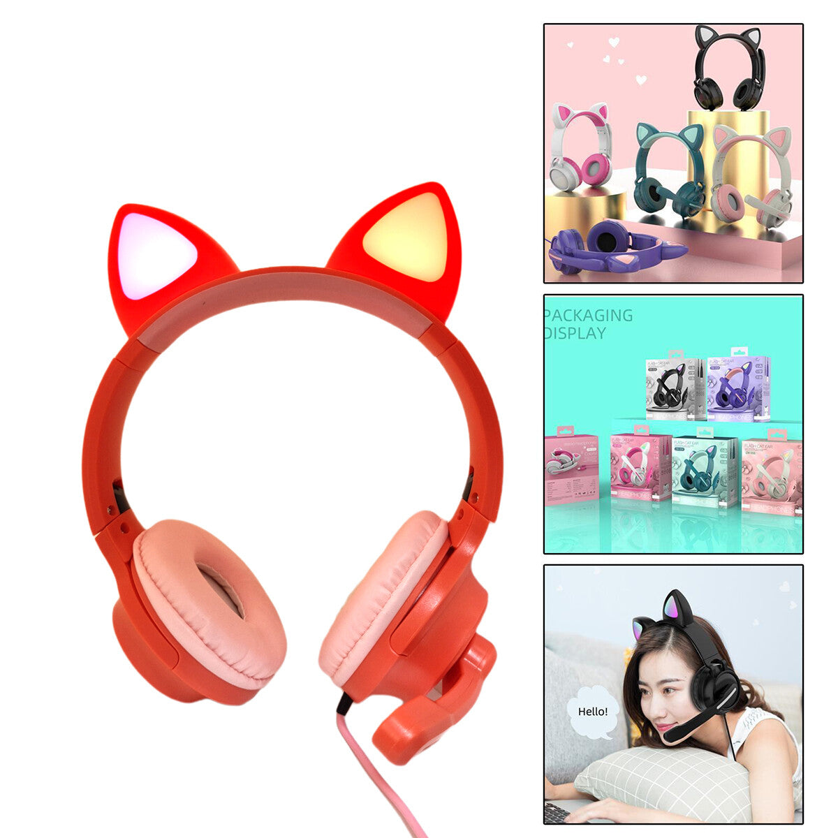 CUFFIE GIOCO AURICOLARE ILLUMINAZIONE LUCE LED RGB ORECCHIE GATTO MICROFONO J30