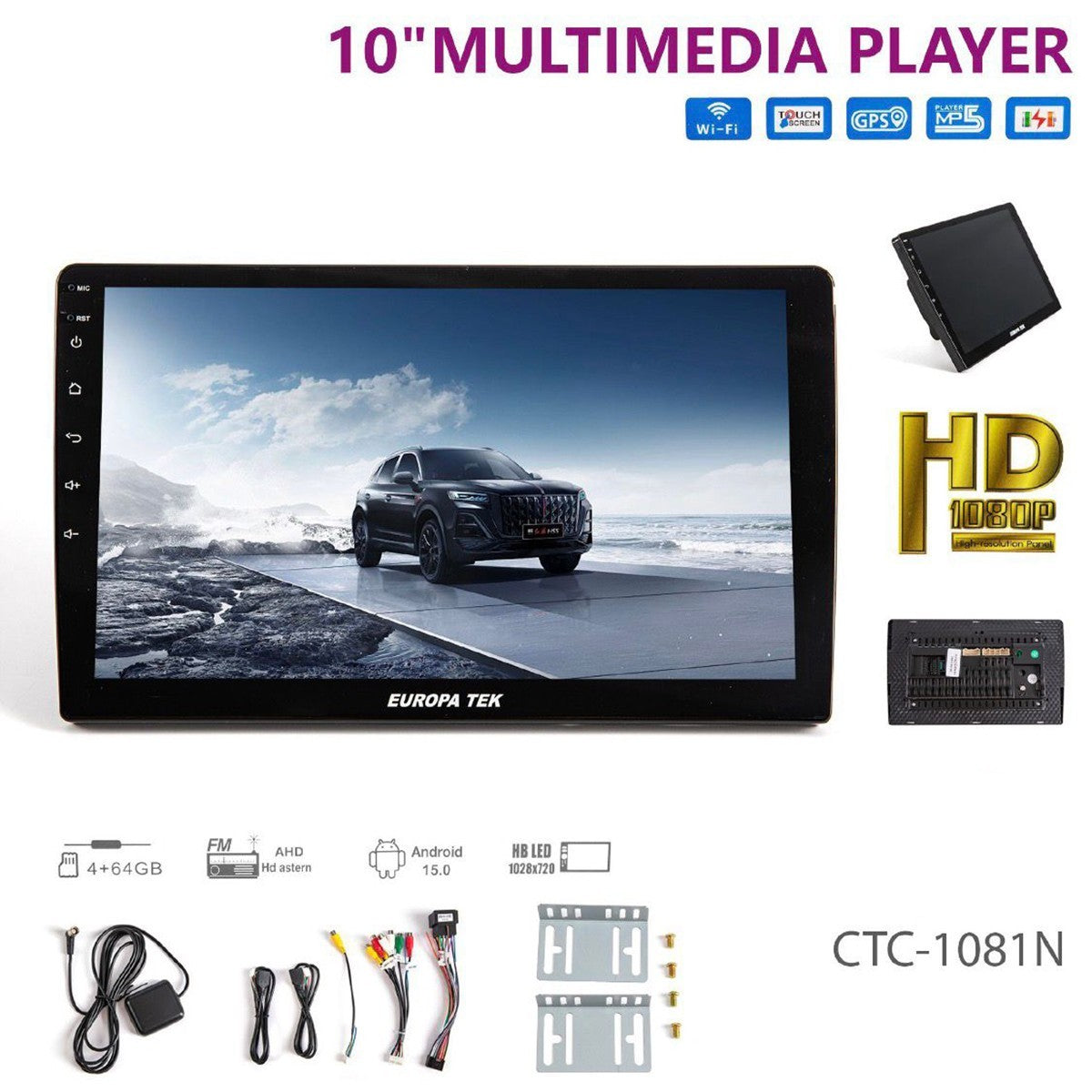 AUTORADIO ANDROID 15.0 10" HD WIFI GPS BLUETOOTH 4+64GB ÉCRAN TACTILE CTC1081N