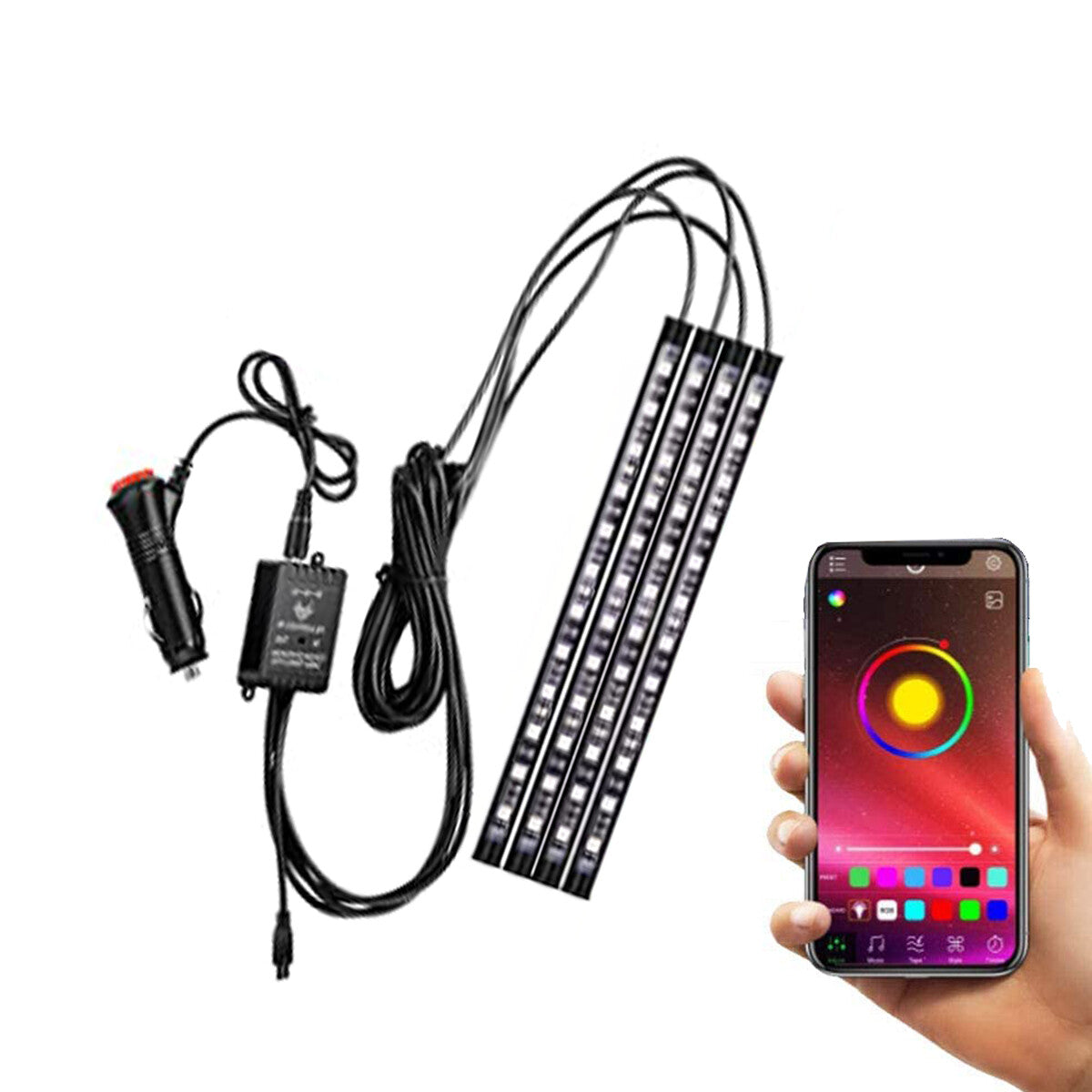 4 STRISCE AUTO INTERNO 48 LED 12V STRISCIA MULTI COLOR RGB SMART APP ANDROID IOS
