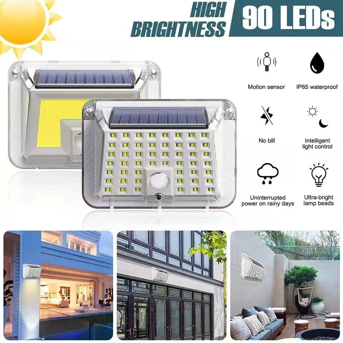 PROJECTEUR PHARE EXTÉRIEUR À ÉNERGIE SOLAIRE 90 LED SMD DÉTECTEUR DE MOUVEMENT TE-B0517