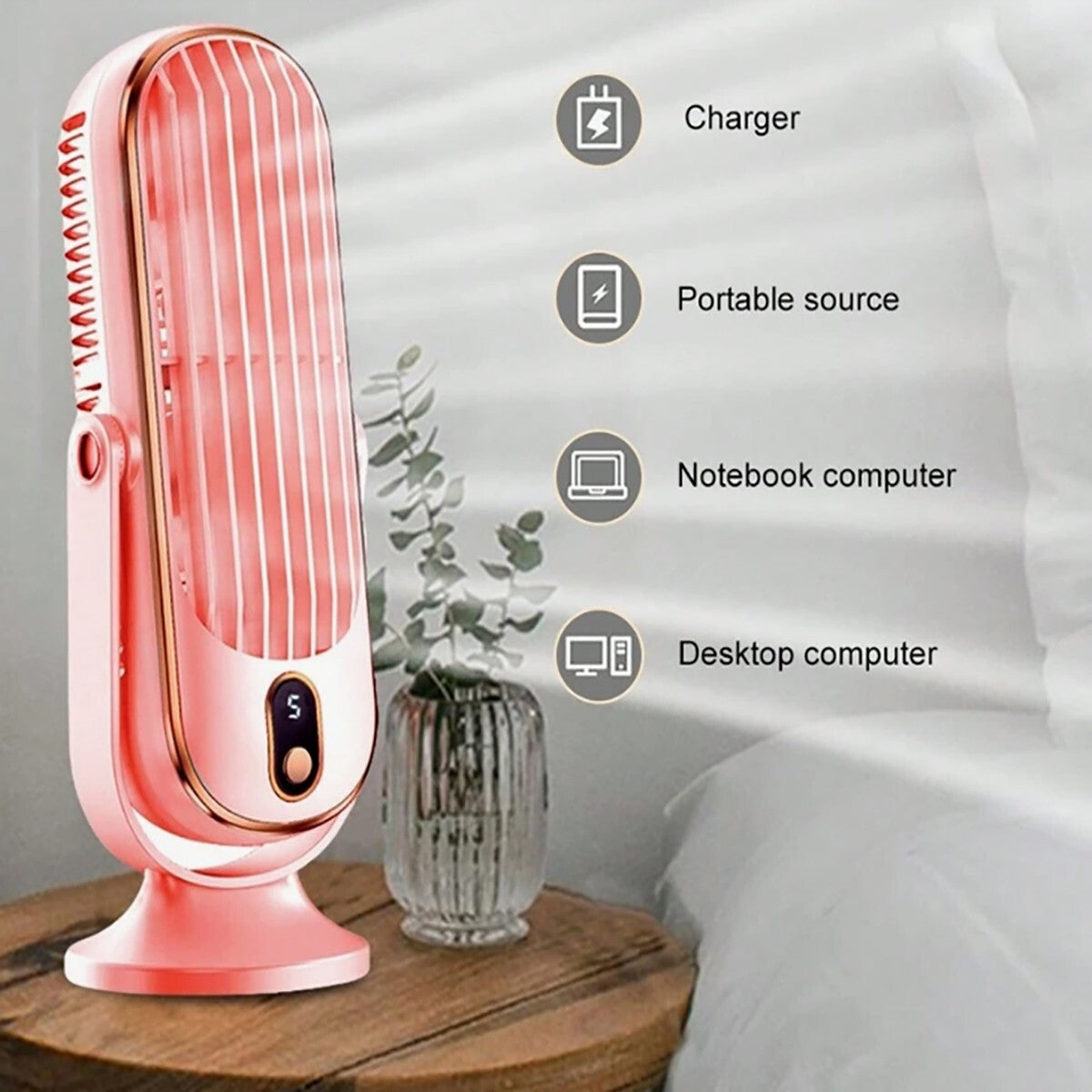VENTILATORE TORRE DA TAVOLO PORTATILE USB RICARICABILE SILENZIOSO 5 VELOCITÀ