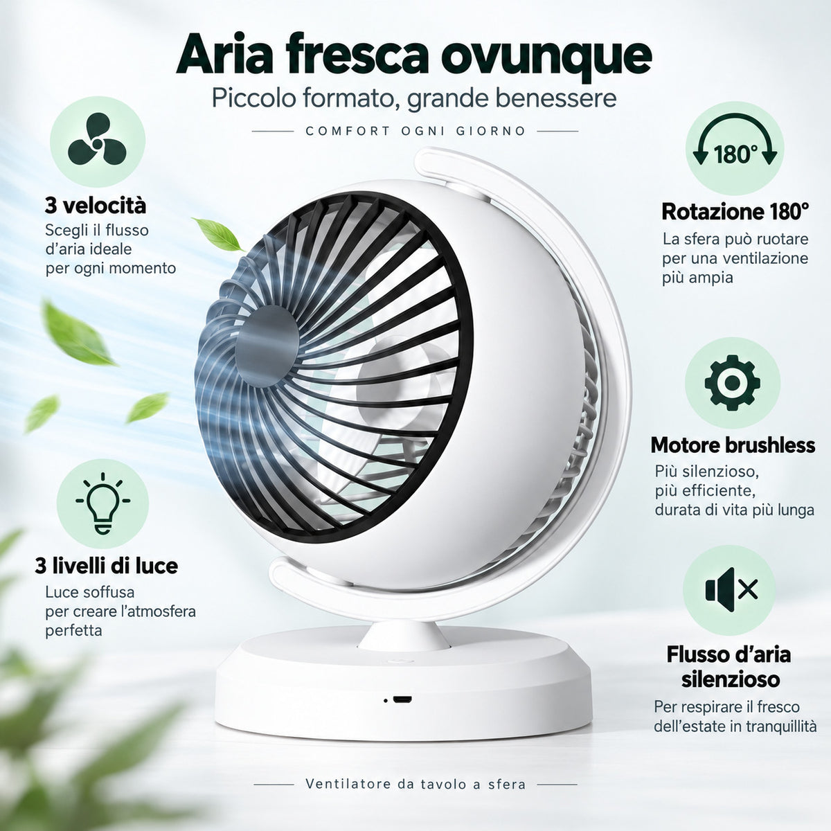 VENTILATORE DA TAVOLO A SFERA 3 VELOCITÀ LUCE LED ROTAZIONE 180° CAMERA AS-07117