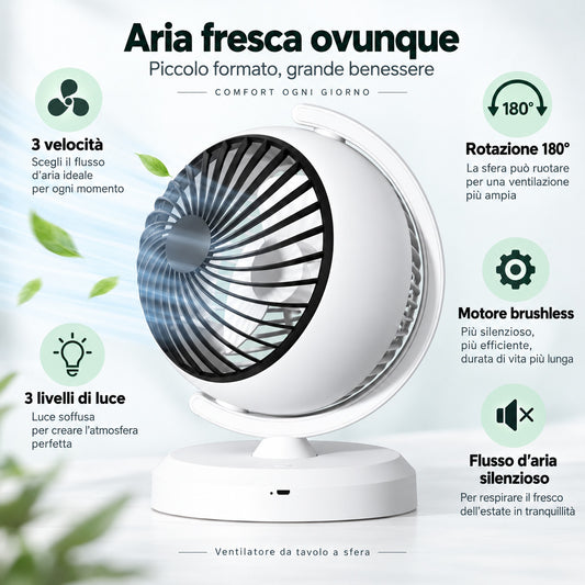 VENTILATORE DA TAVOLO A SFERA 3 VELOCITÀ LUCE LED ROTAZIONE 180° CAMERA AS-07117
