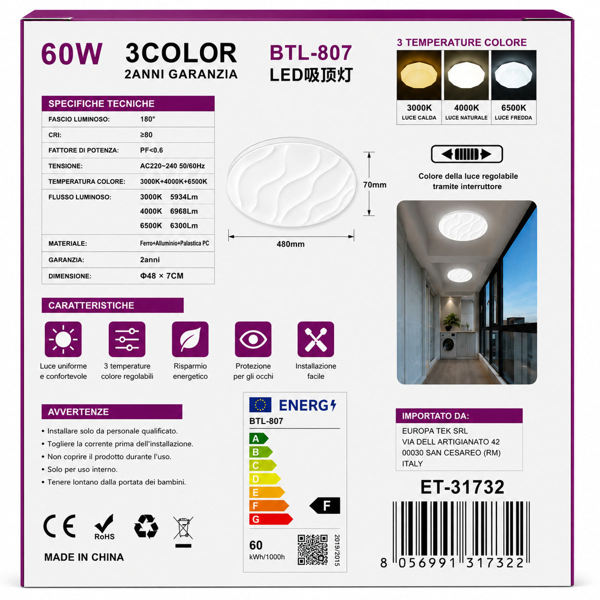 PLAFONIERA LED 60W 3CCT 48CM LAMPADA SOFFITTO LUCE 3000K 4000K 6500K ET-31732
