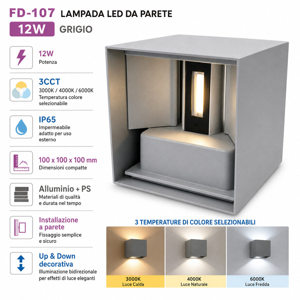 APPLIQUE LED 12W ESTERNO LAMPADA PARETE GRIGIO IP65 3000K 4000K 6000K ET-31689
