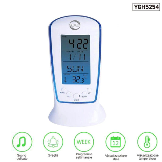 SVEGLIA DIGITALE ALLARME CALENDARIO ILLUMINATA TEMPERATURA TERMOMETRO YGH5254