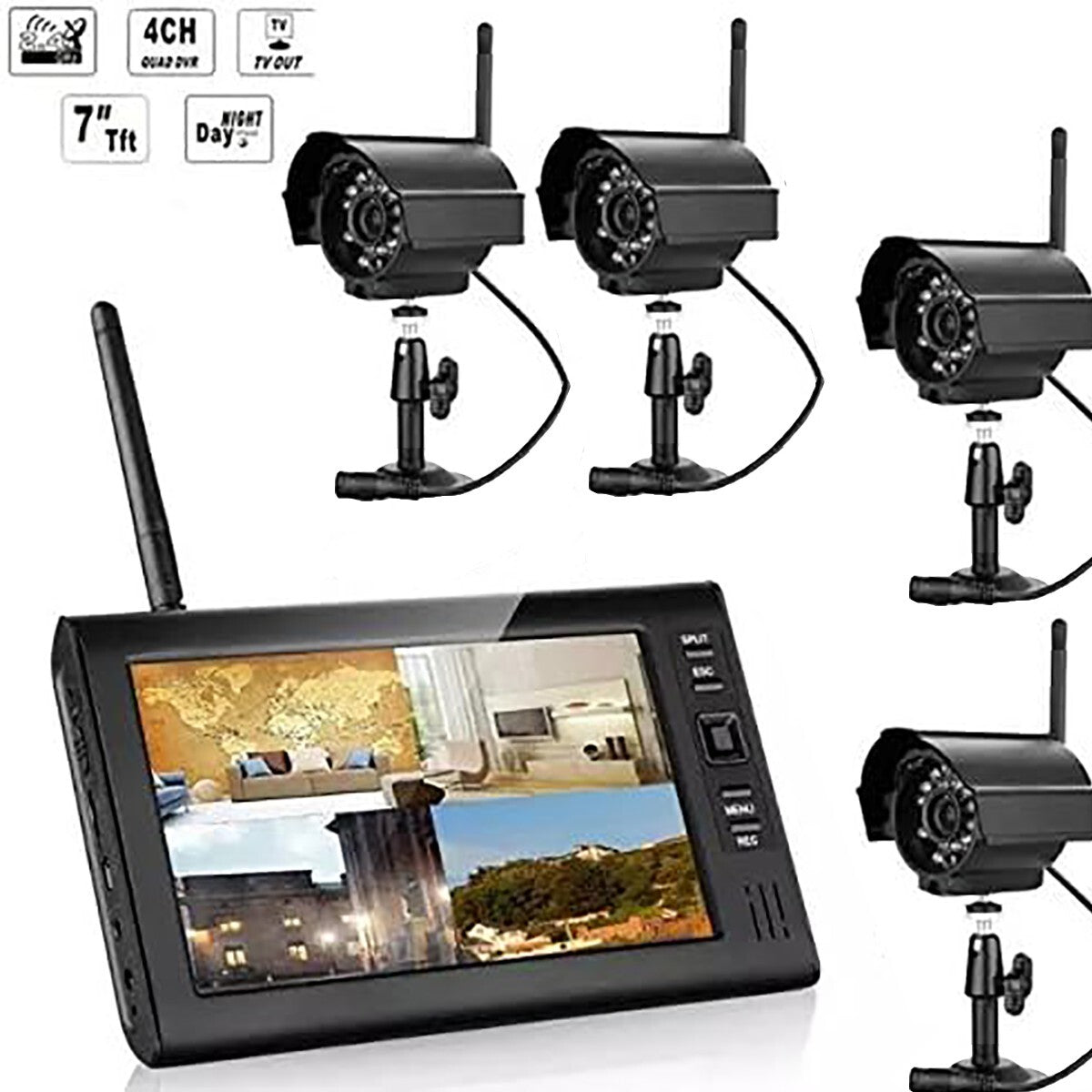 KIT DVR WIRELESS A 4 CANALI TELECAMERE MONITOR TFT 7"  VISIONE NOTTURNA 2.4GHZ