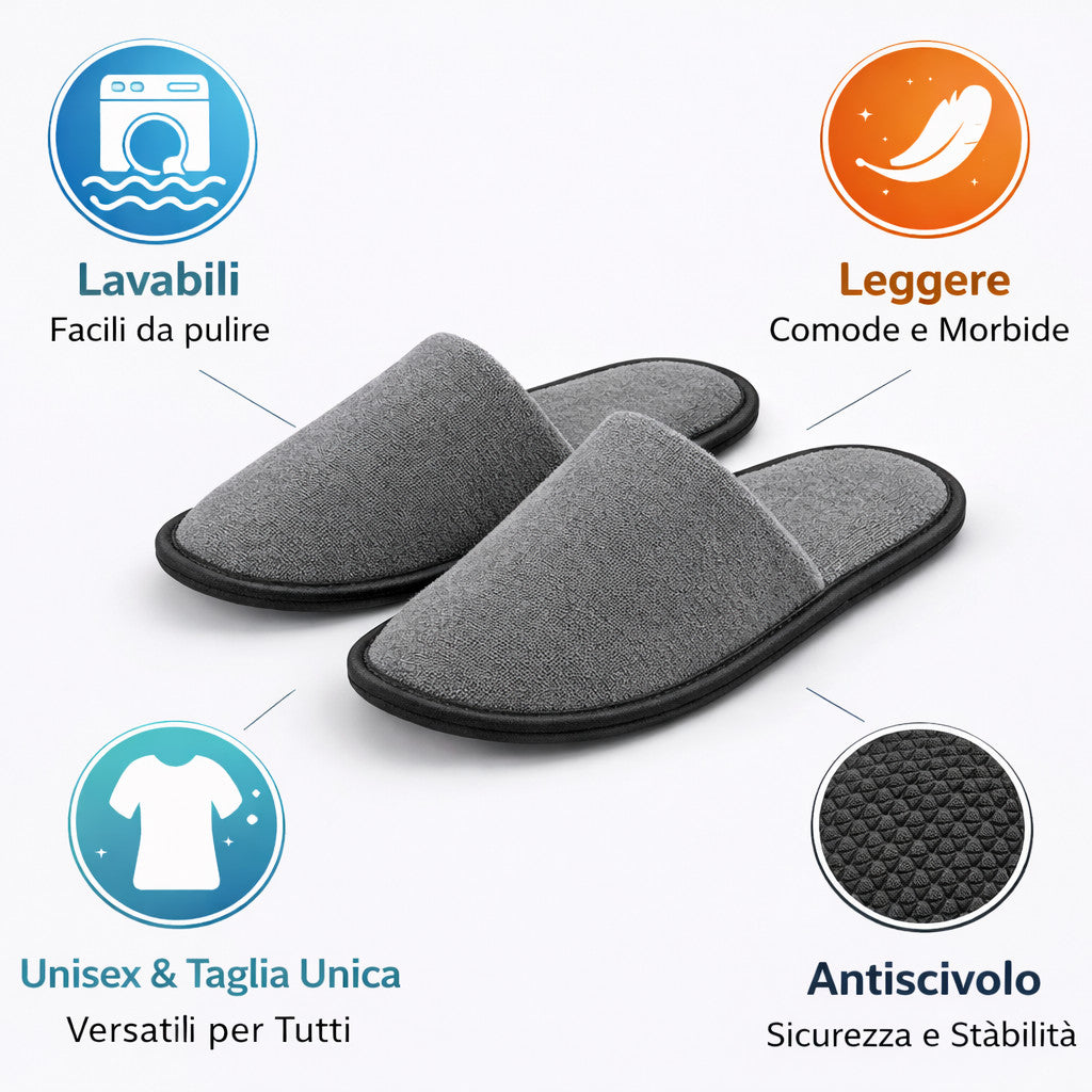 2 PAIA CIABATTE MONOUSO HOTEL SPA PANTOFOLE ANTISCIVOLO UNIVERSALI GRIGIO 90128