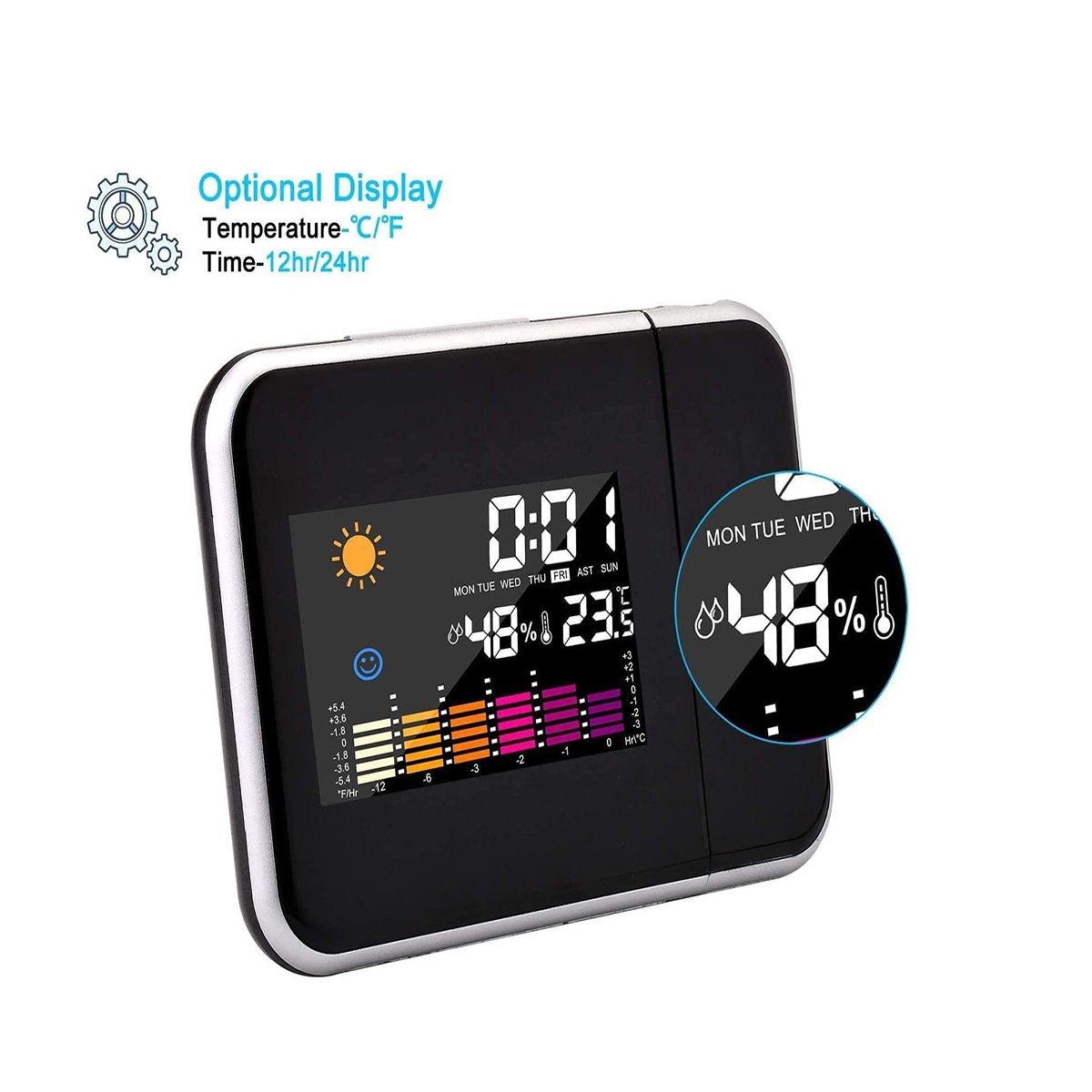 SVEGLIA DIGITALE DA COMODINO CON PROIETTORE LASER IGROMETRO OROLOGIO DATA JS-016