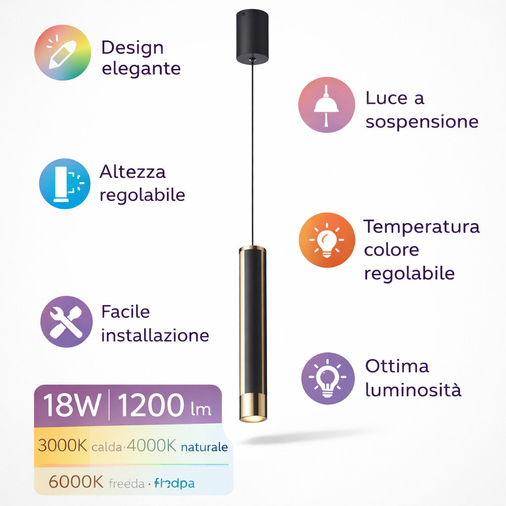 LAMPADA SOSPENSIONE LED 18W REGOLABILE 3 COLORI 3000K 4000K 6000K 1200LM LP003