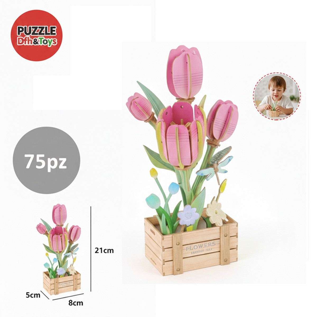 PUZZLE 3D TULIPANI ROSA LEGNO 75PZ FIORI ARTIFICIALI COSTRUZIONI REGALO 32387