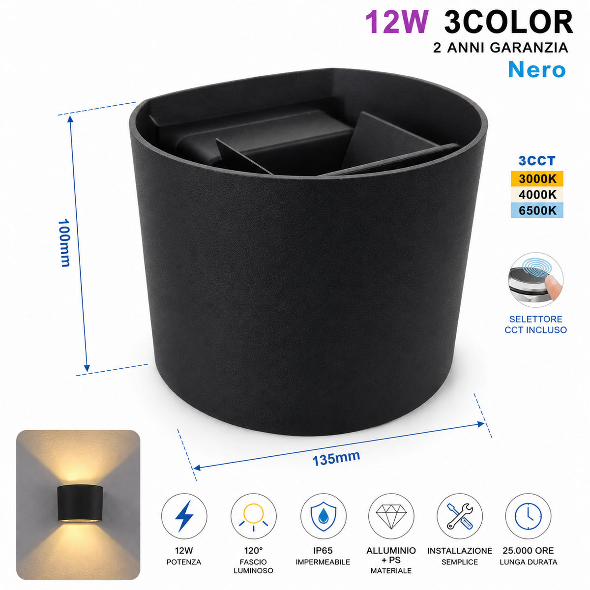 APPLIQUE LED 12W 3CCT NERA IP65 LAMPADA PARETE 3000K 4000K 6000K ESTERNO ET31684