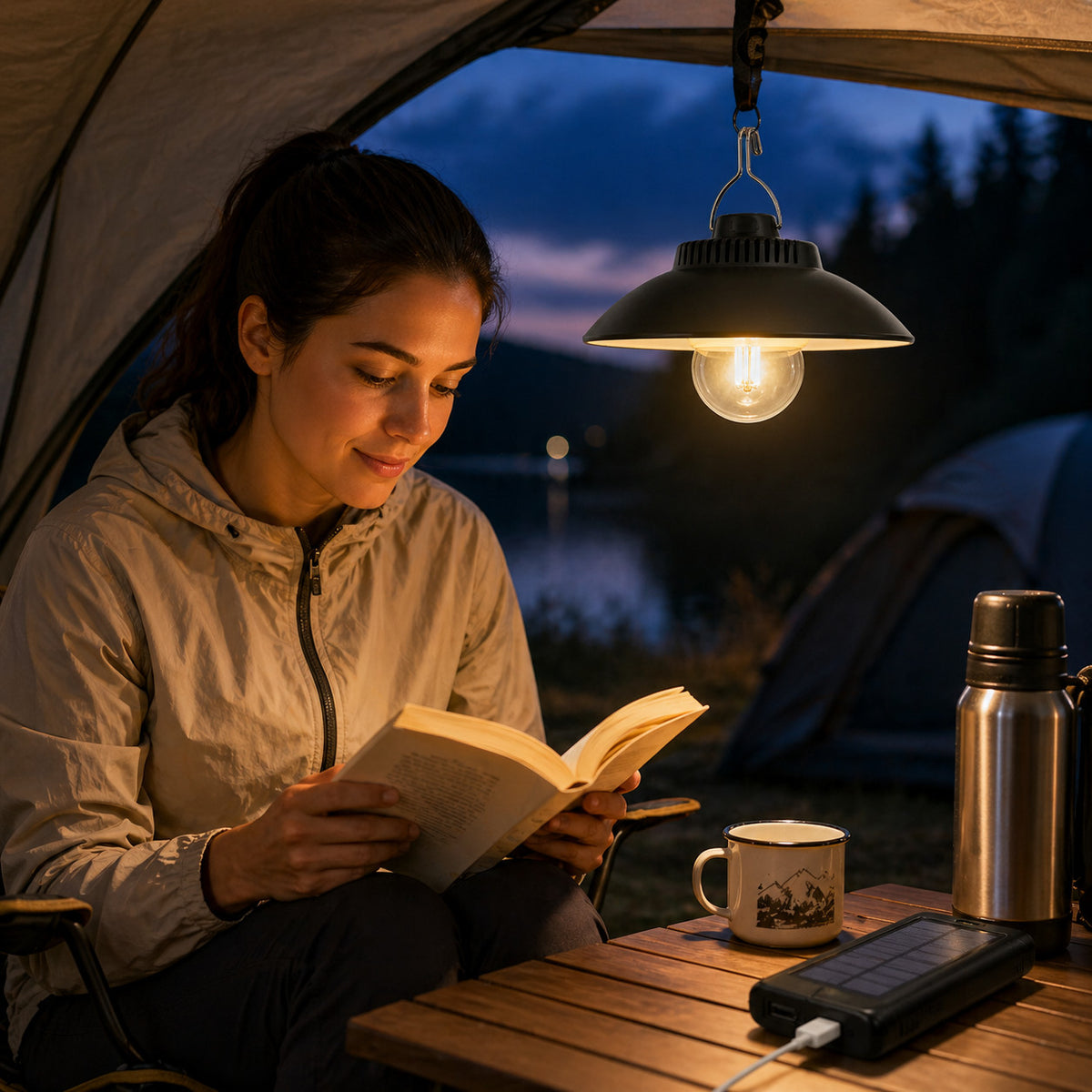 LAMPE DE CAMPING LED SOLAIRE RECHARGEABLE AVEC CROCHET LUMIÈRE CHAUDE 3000K TE-B0627