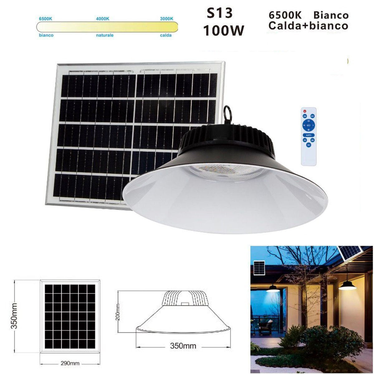 LAMPADA LED SOLARE 100W PANNELLO FOTOVOLTAICO E TELECOMANDO 3CCT IP65 ET-31372