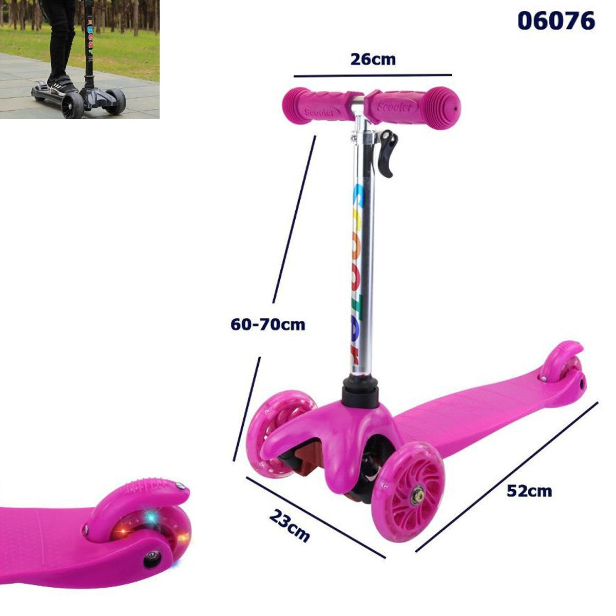 MONOPATTINO BAMBINI 3 RUOTE CON MANUBRIO REGOLABILE E RUOTE LUMINOSE ROSA