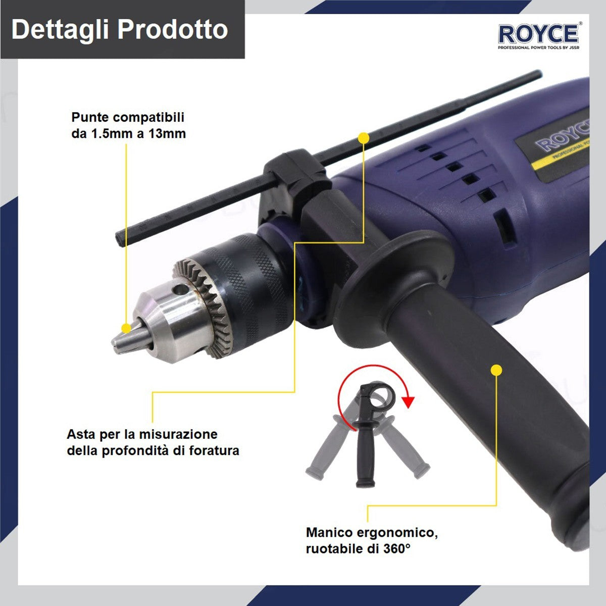 TRAPANO A PERCUSSIONE ROYCE RID-650 650W REVERSIBILE MANDRINO 1,5-13MM RE10222