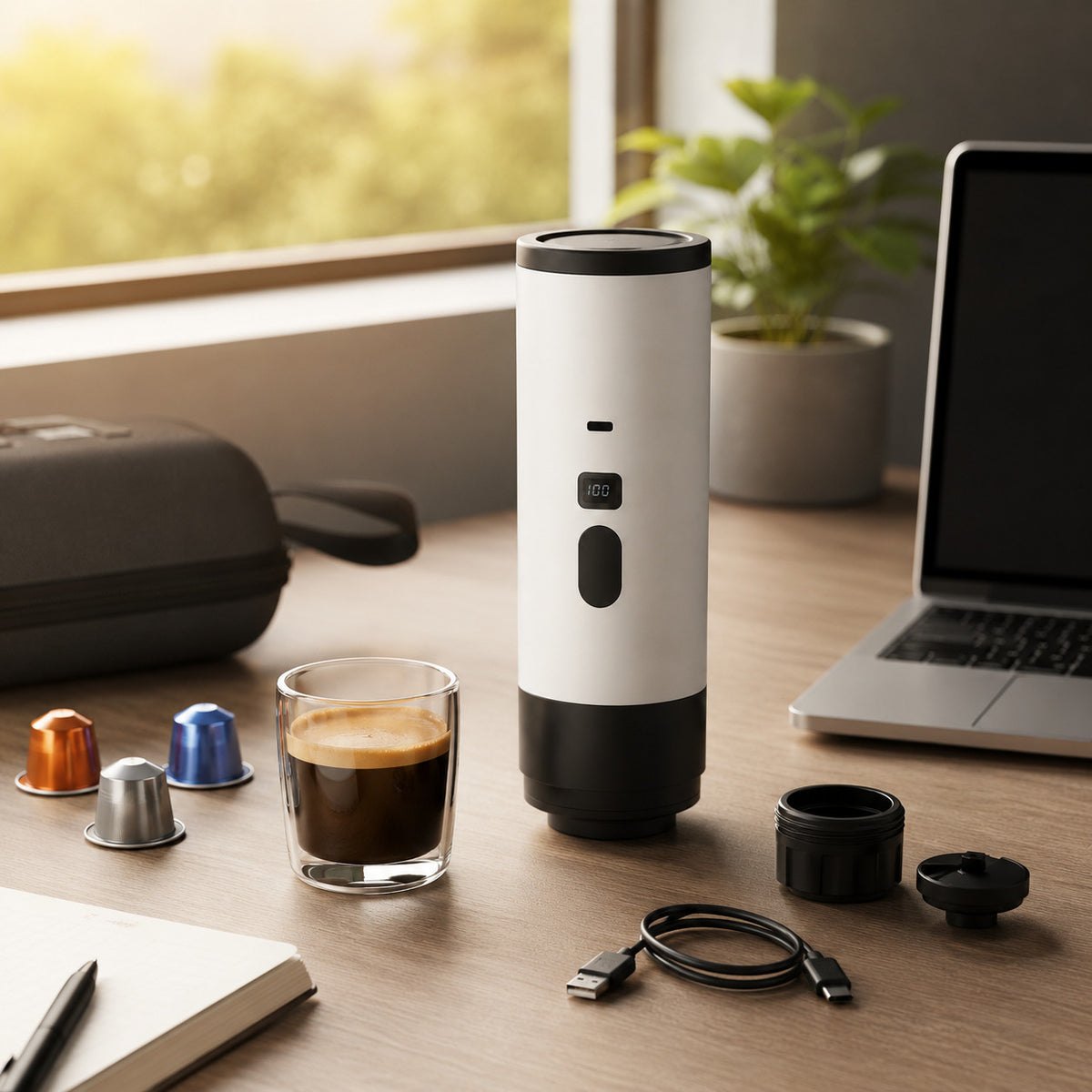 MACHINE À CAFÉ ESPRESSO PORTABLE AUTOMATIQUE RECHARGEABLE CAPSULES ET MOULU