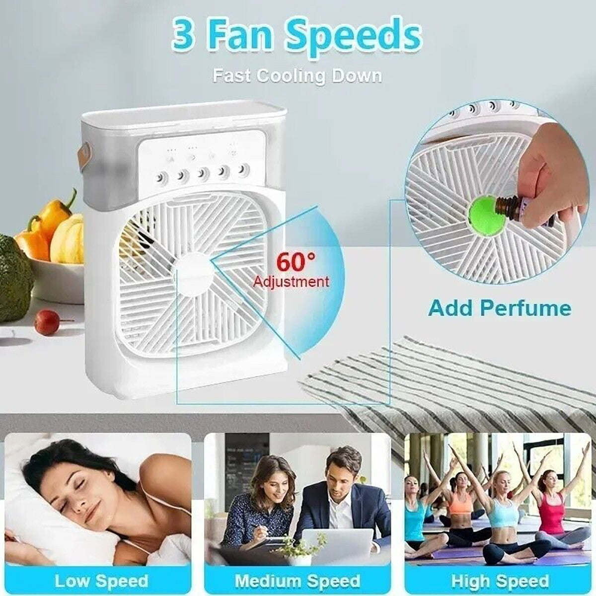 VENTILATORE PORTATILE PER USO DOMESTICO RAFFRESCATORE E UMIDIFICATORE LUCI 7 LED
