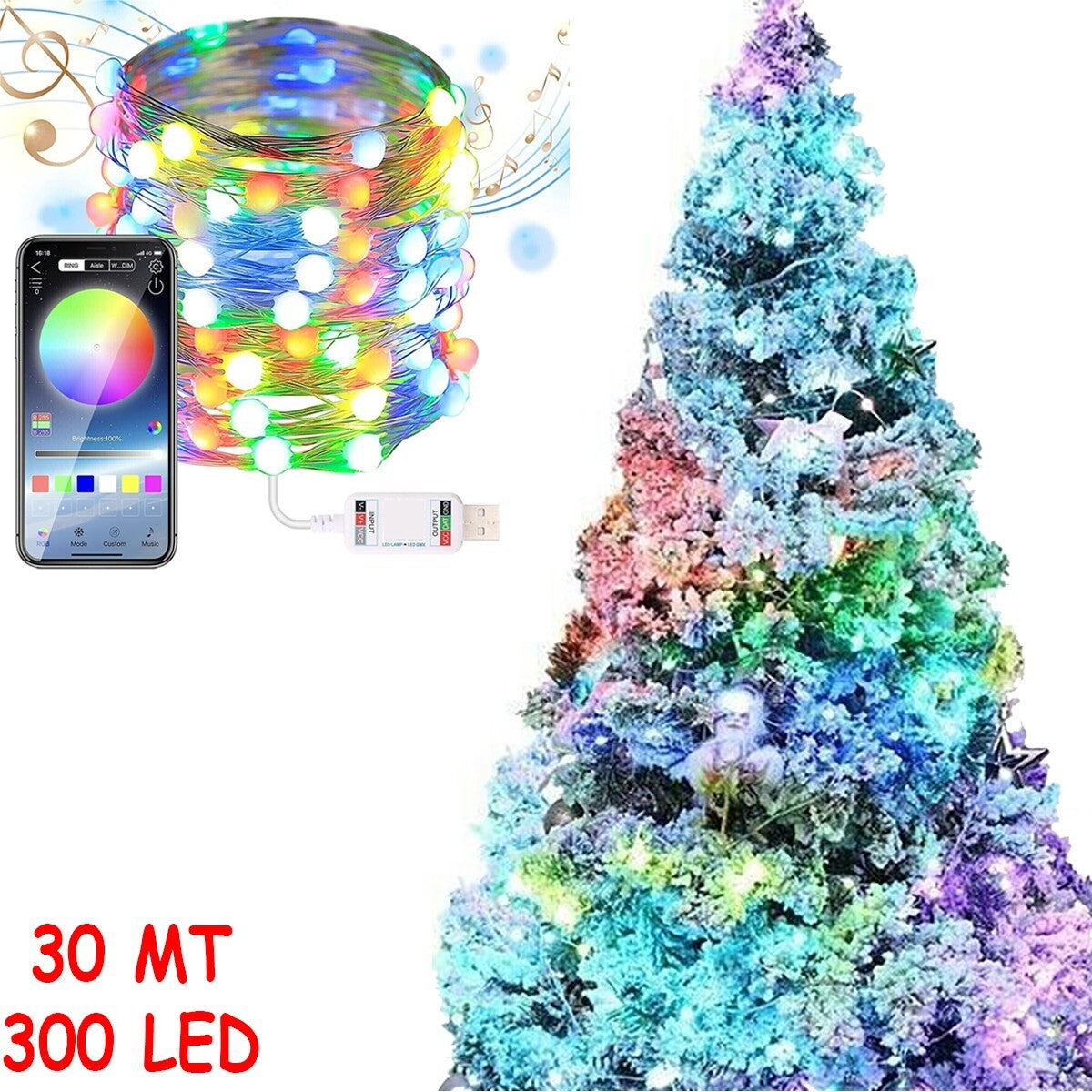 STRISCIA 300 LED 30MT BLUETOOTH RGB SMART APP LUCI DI NATALE IP20 ALBERO