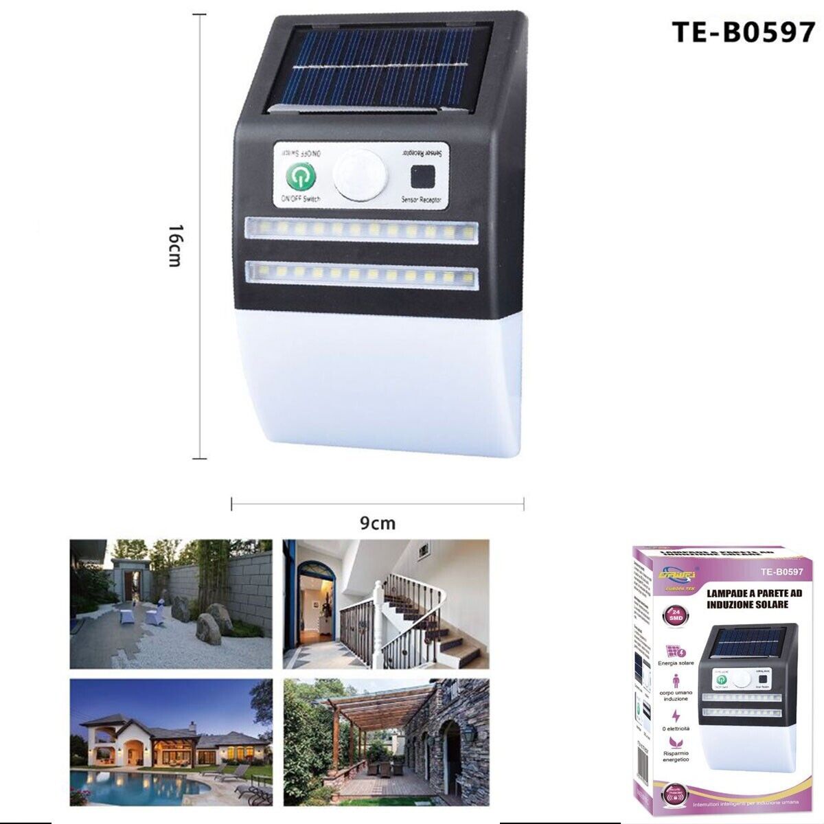 APPLIQUE DOPPIA STRISCIA LED MURO PARETE ESTERNO SOLARE SENSORE MOVIMENTO 0597