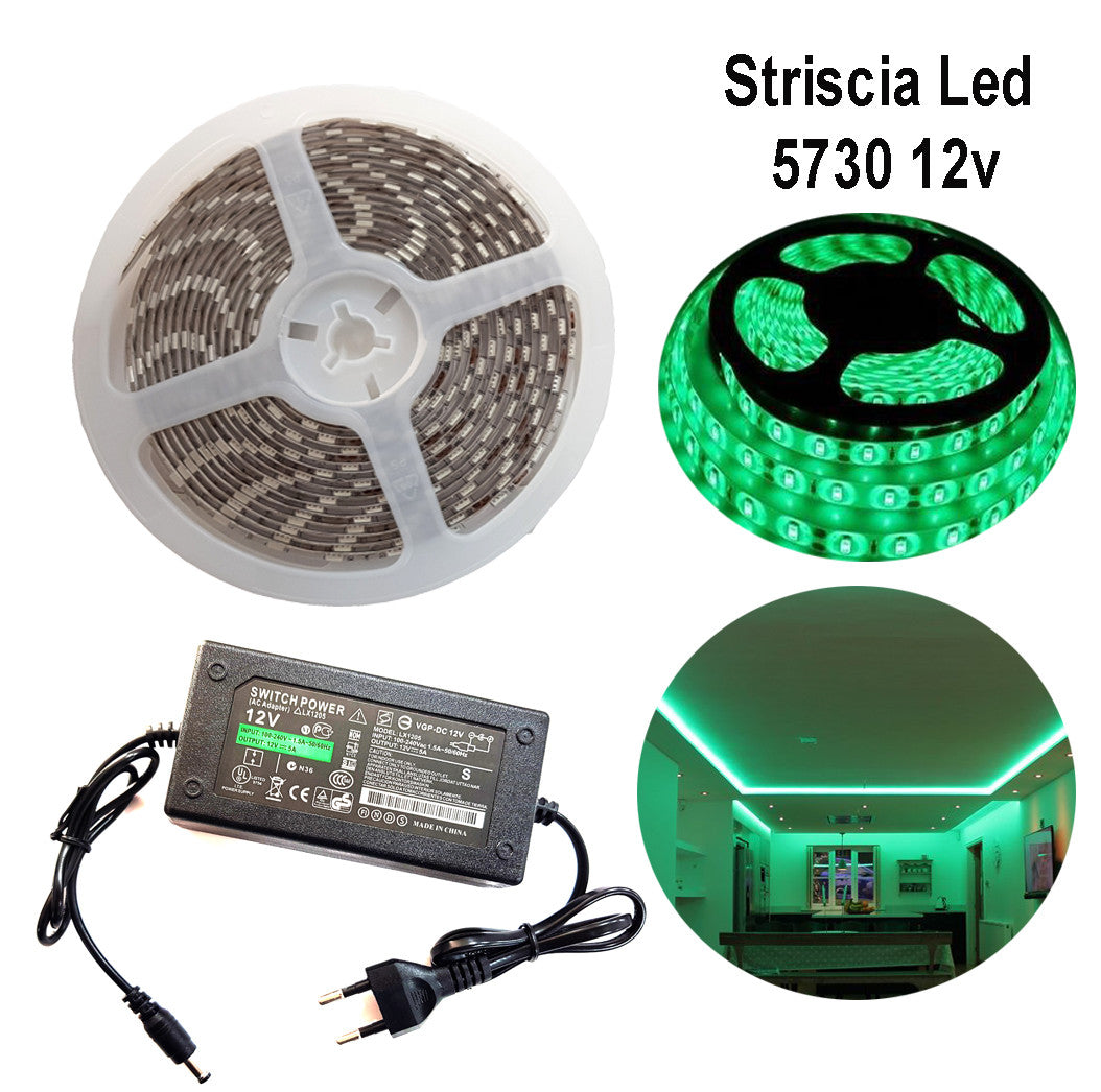 BANDEAU LED 5730 5M ADHÉSIF LUMIÈRE IP65 ALIMENTATION 12V 5A VERT 12W/M