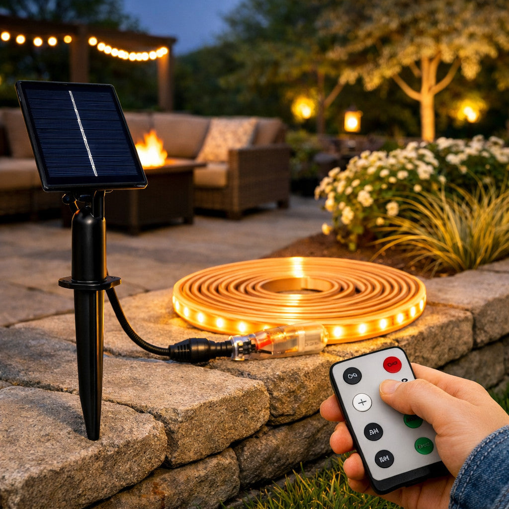 STRISCIA LED SOLARE 5 METRI TELECOMANDO BIANCO CALDO 3000K PER ESTERNO ET-31609