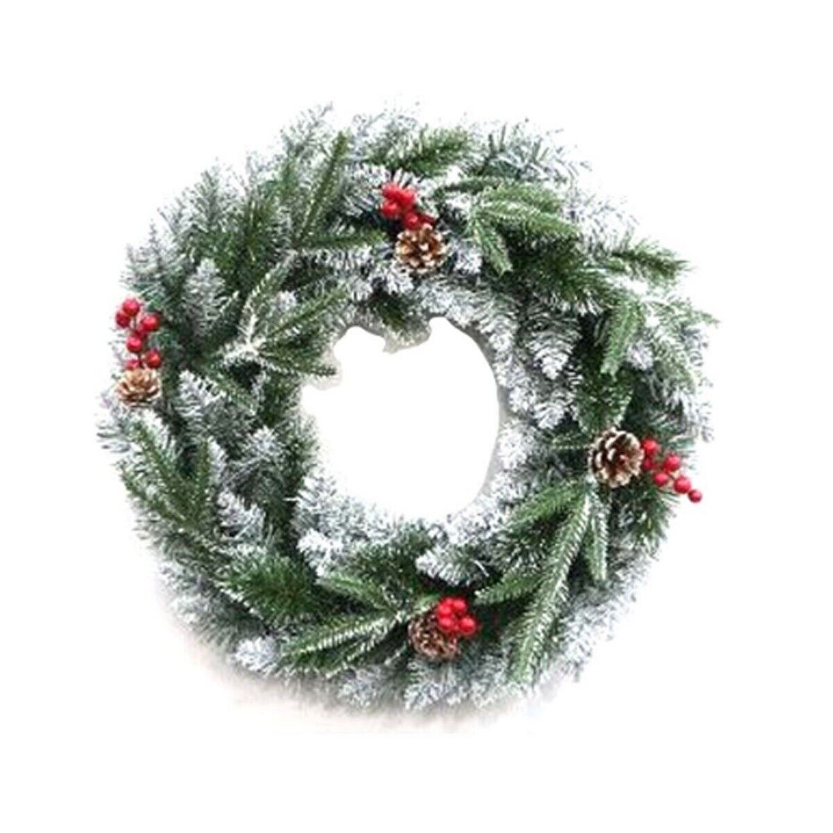 GHIRLANDA PINO VERDE INNEVATA 50CM BACCHE NEVE PIGNE CORONA ADDOBBI DI NATALE