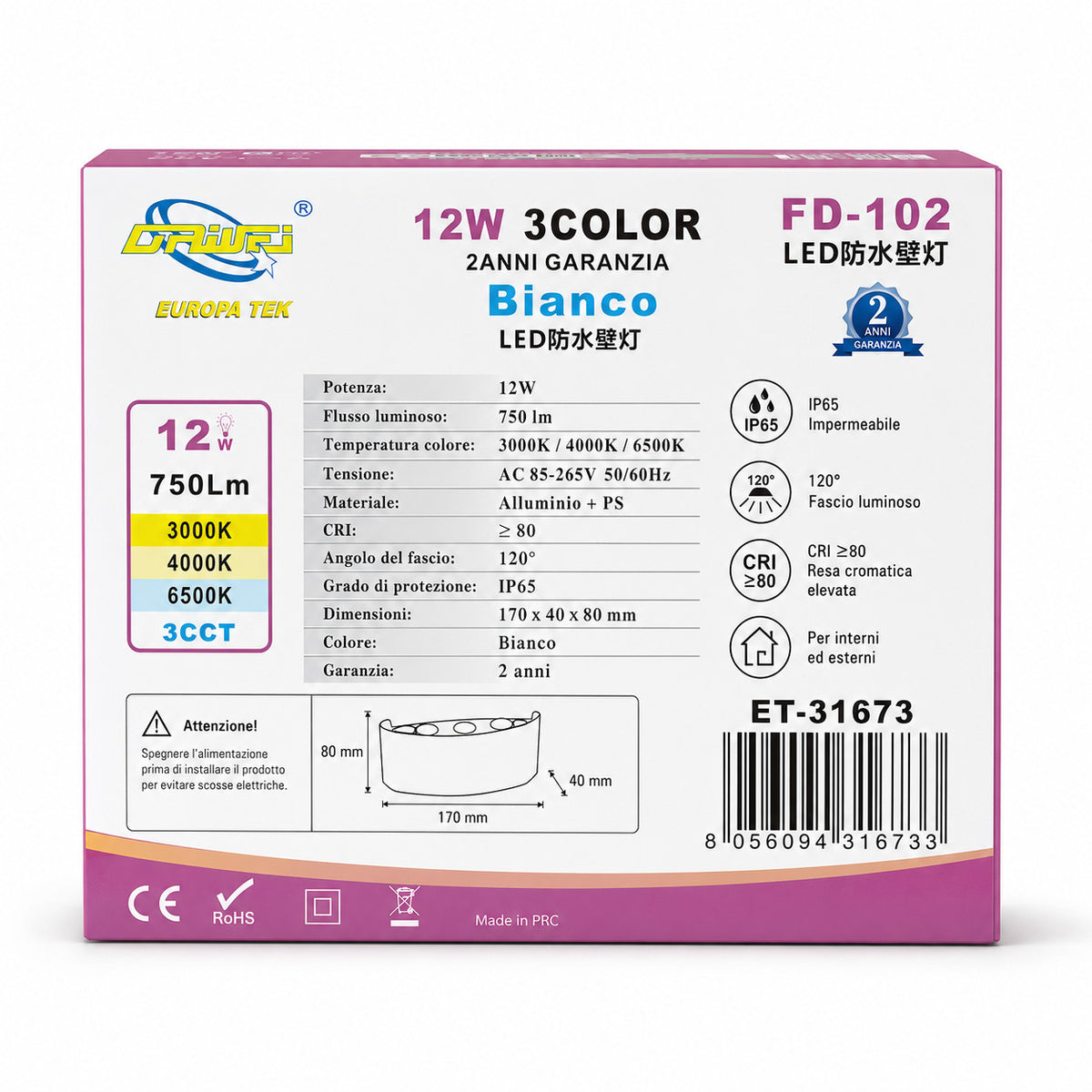 APPLIQUE LED 12W ESTERNO LAMPADA PARETE BIANCA IP65 3000K 4000K 6000K ET-31673