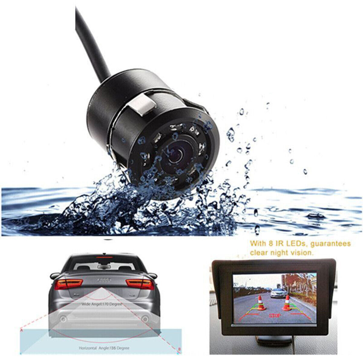 TELECAMERA 170° RETROCAMERA RETROMARCIA 8 LED A MOLLA MINI A COLORI AUTO SUV