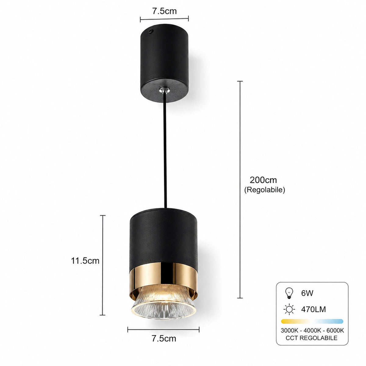 LAMPADARIO LED A SOSPENSIONE MODERNO NERO ORO 6W REGOLABILE 3000K 6000K LP032