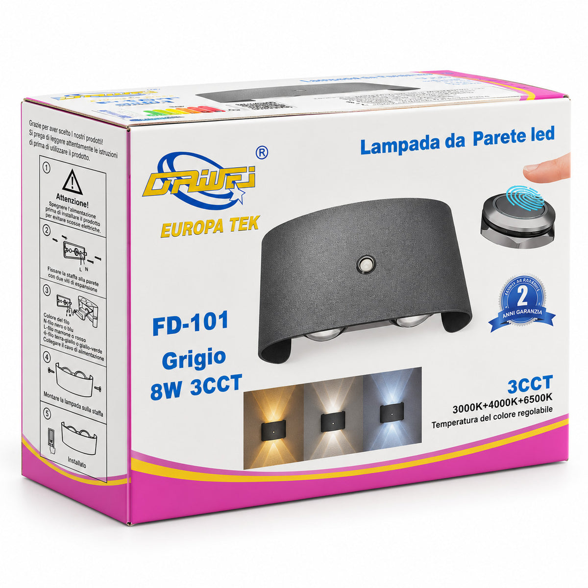 APPLIQUE LED 8W GRIGIA IP65 LAMPADA PARETE ESTERNO 3000K 4000K 6000K ET-31671