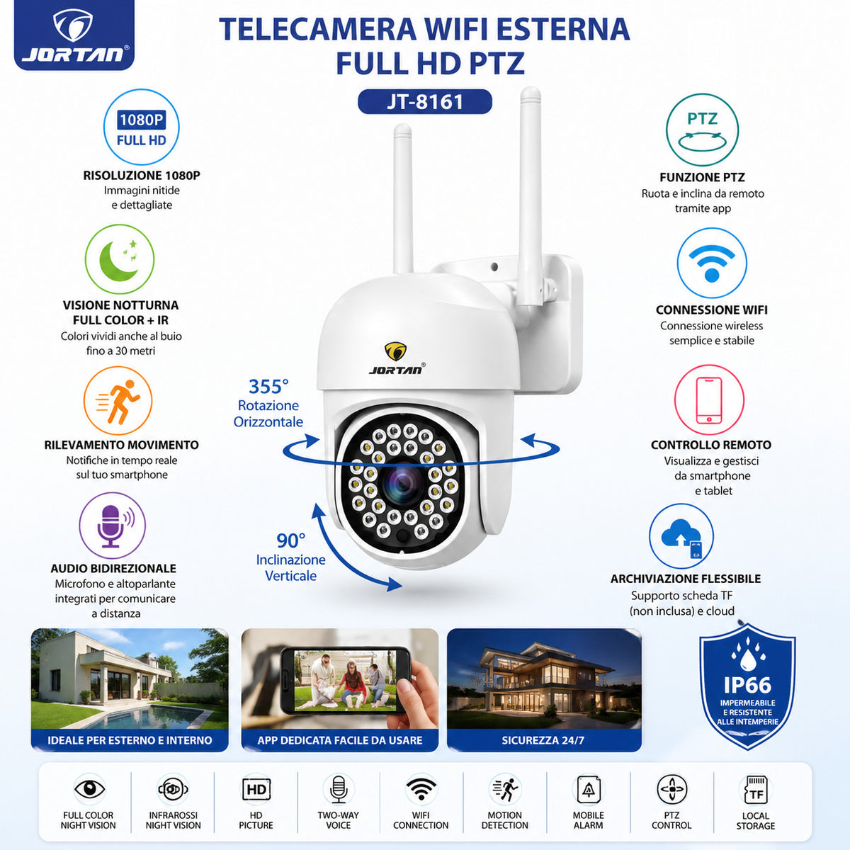 TELECAMERA WIFI ESTERNA FULL HD IP66 VISIONE NOTTURNA CONTROLLO REMOTO JT-8161