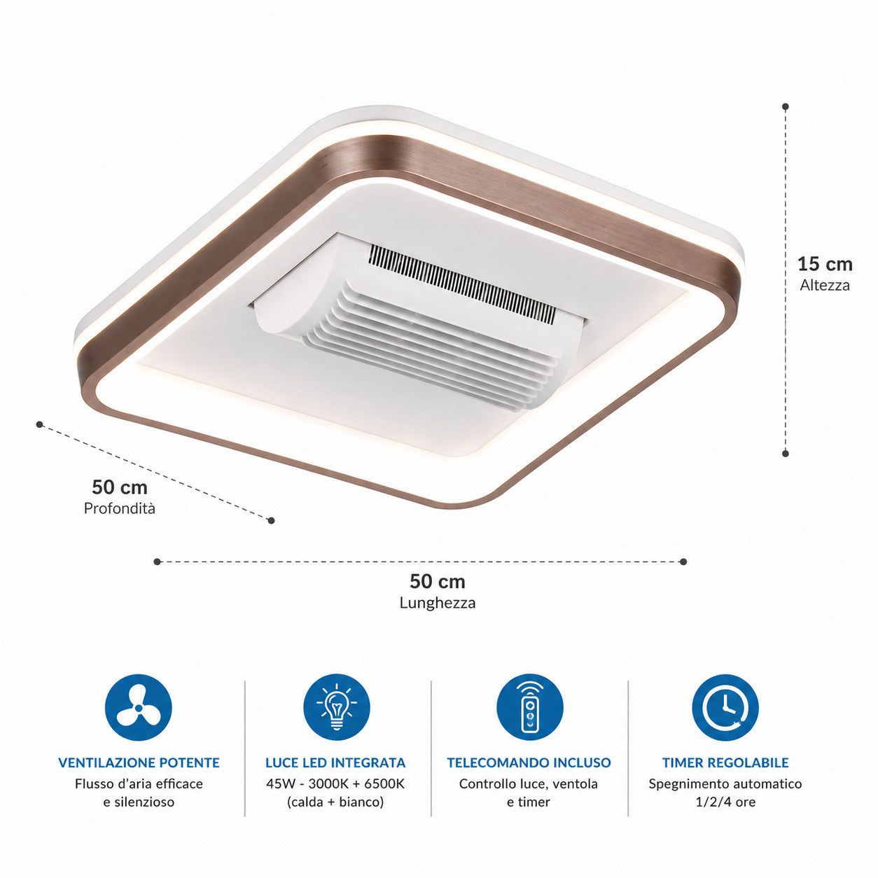 VENTILATEUR DE PLAFOND LUMIÈRE LED SANS PALES 45W CARRÉ TÉLÉCOMMANDE BTL-1362