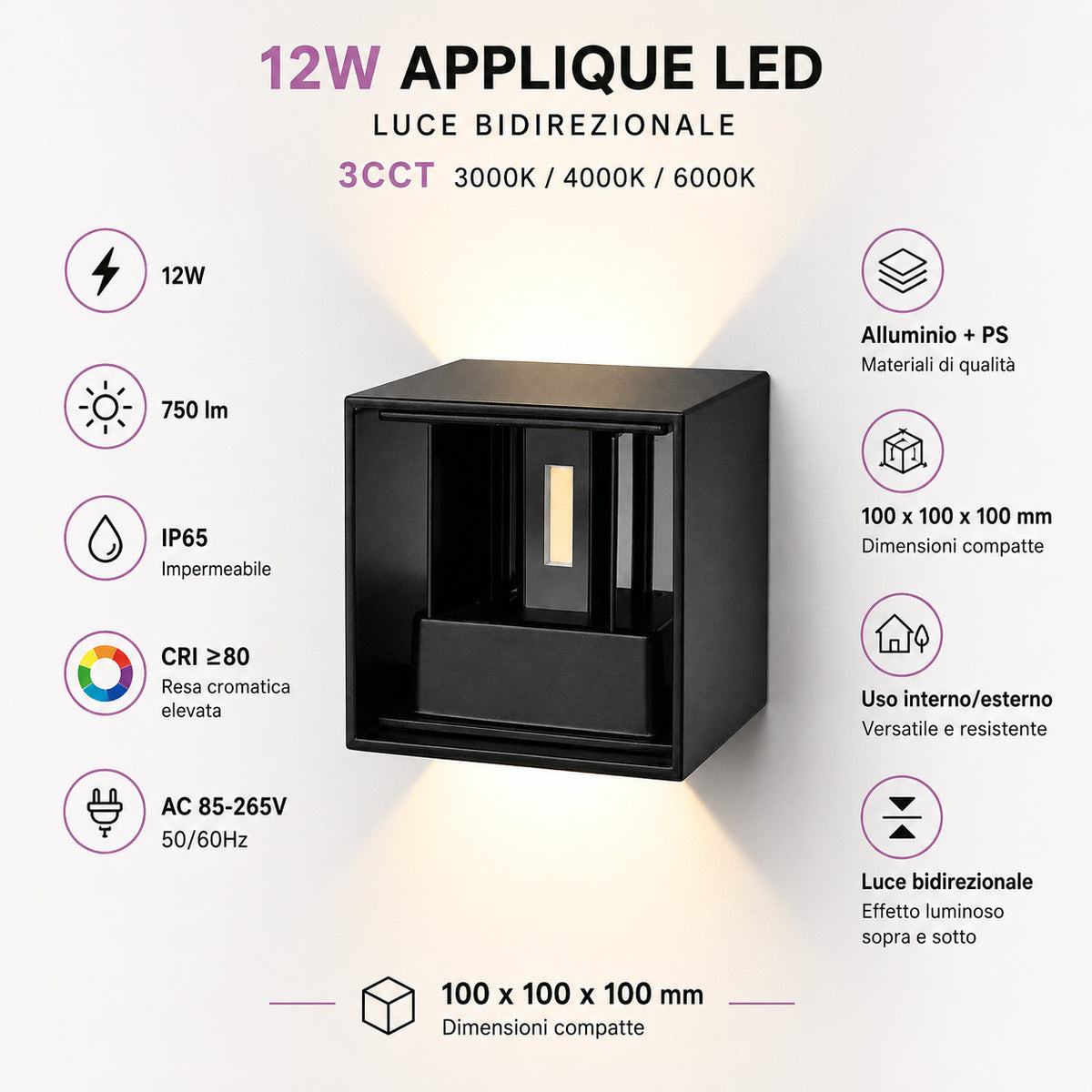 APPLIQUE LED 12W ESTERNO LAMPADA PARETE NERA IP65 3000K 4000K 6000K ET-31687