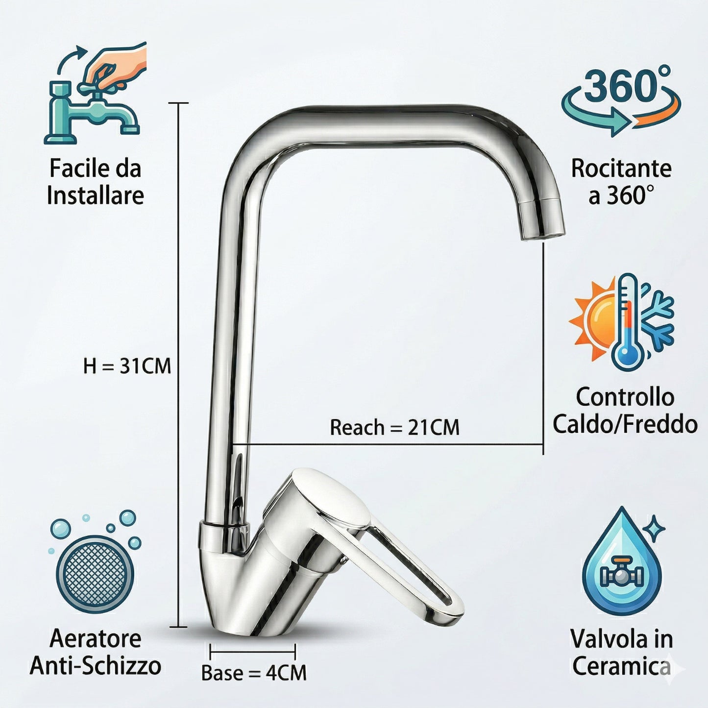 RUBINETTO MISCELATORE CUCINA MONOCOMANDO LAVANDINO COLLO ALTO GIREVOLE 8568
