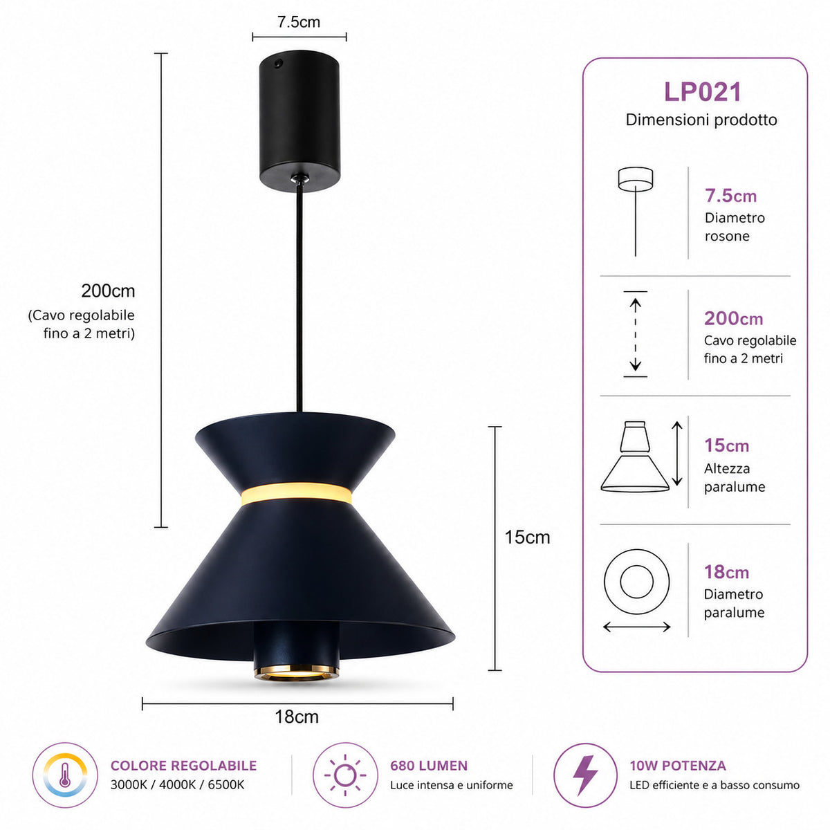 LAMPADARIO LED A SOSPENSIONE MODERNO NERO 10W DIMMERABILE CCT REGOLABILE LP021