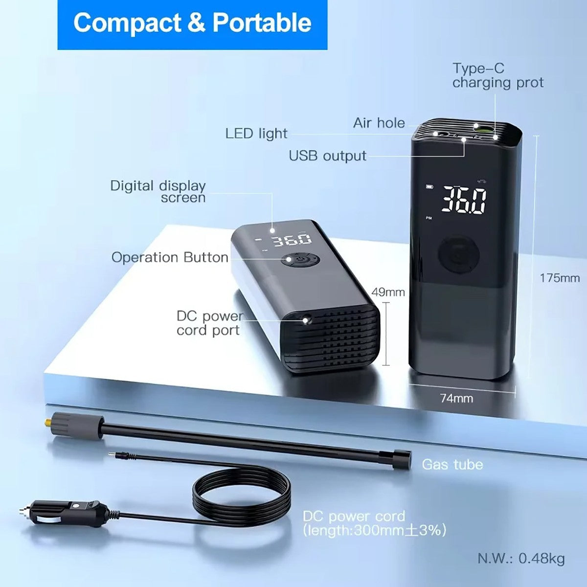 COMPRESSEUR D'AIR PORTABLE POUR VOITURE GONFLEUR RECHARGEABLE ÉCRAN LED VOITURE CZK3690