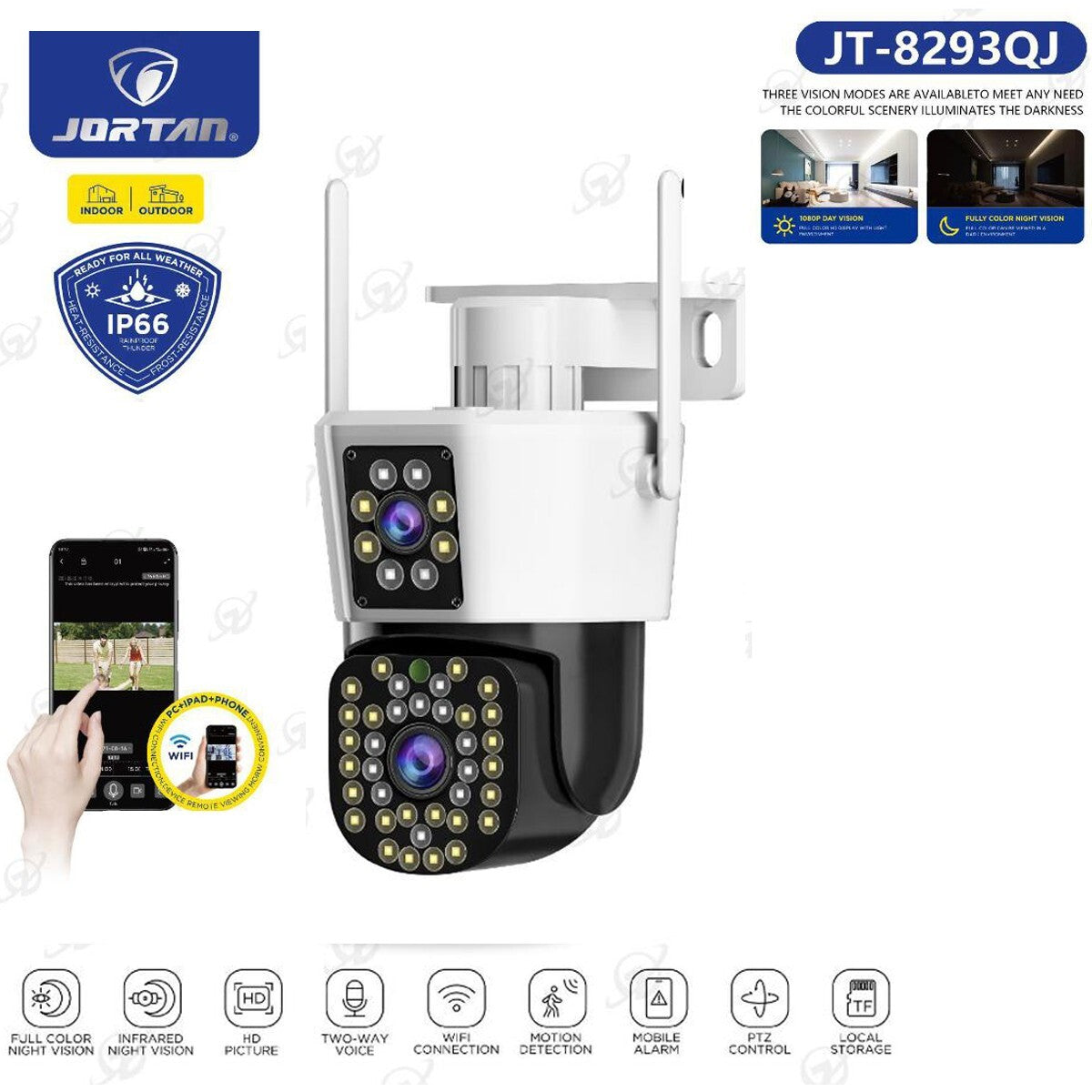TELECAMERA VIDEOSORVEGLIANZA WIFI DOPPIA LENTE LED 3.6MM 2 ANTENNE JT-8293QJ