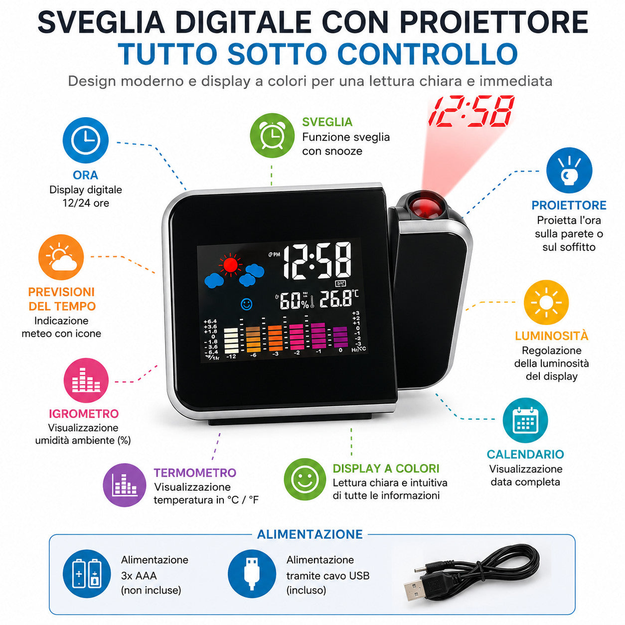 RÉVEIL DE CHEVET NUMÉRIQUE AVEC PROJECTEUR LASER HYGROMÈTRE HORLOGE DATE JS-016