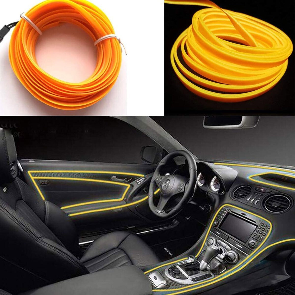 BANDE LUMINEUSE D'AMBIANCE VOITURE À FIBRE OPTIQUE 12V DÉCORATIVE FIL ÉLECTROLUMINESCENT 5M JAUNE 50