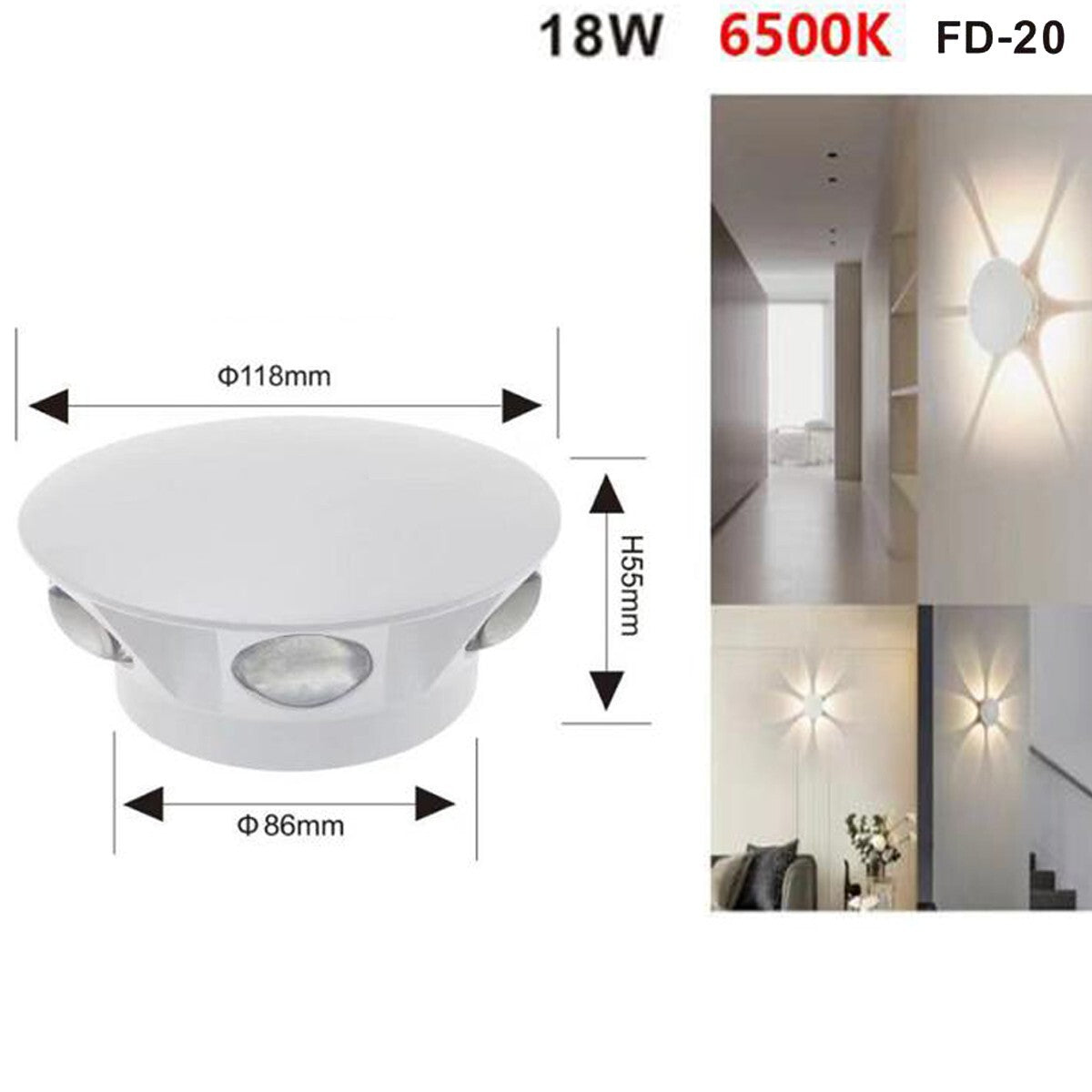 APPLIQUE LED 6 COB LAMPE MURALE RONDE 18W BLANC FROID 6500K EXTÉRIEUR FD-20*