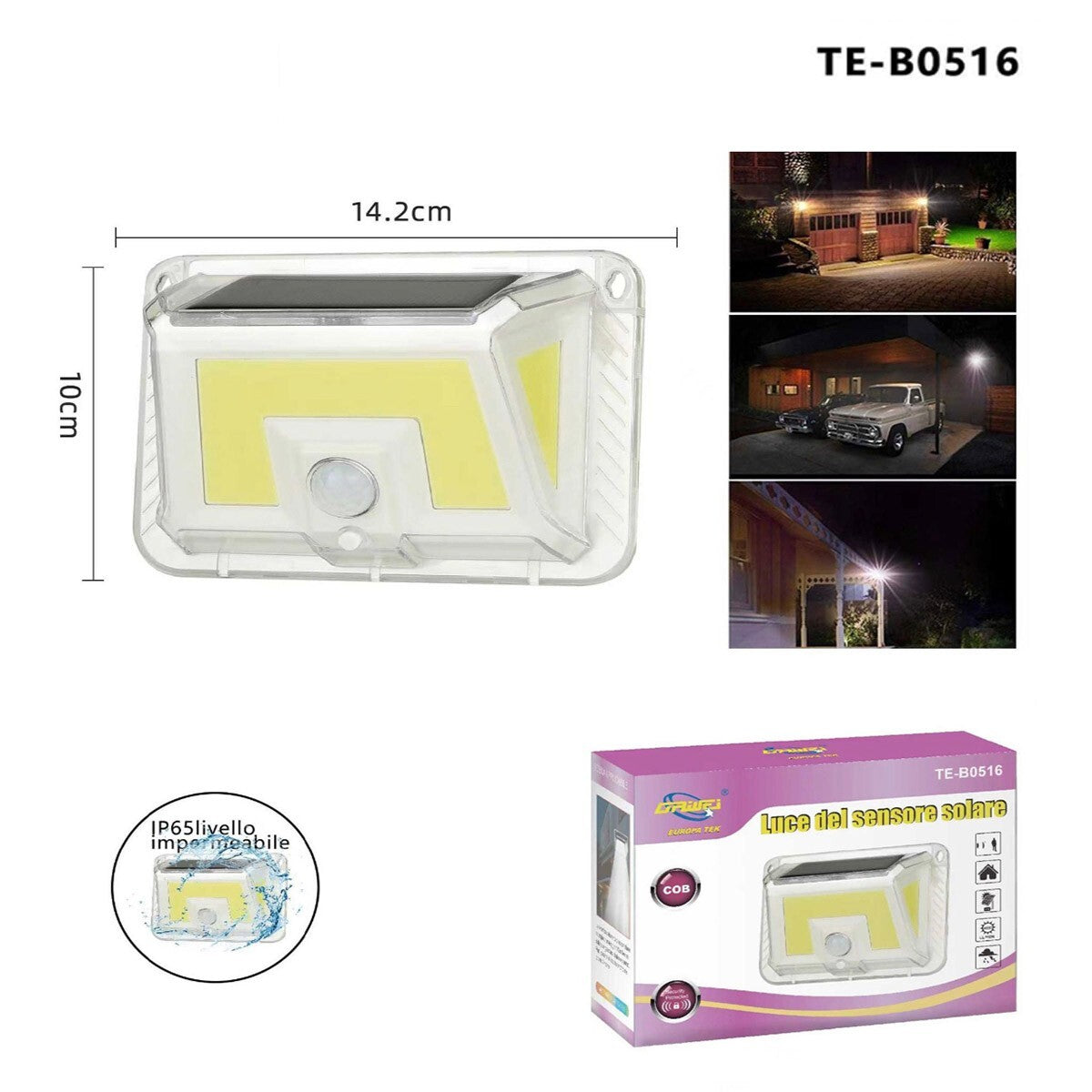 LAMPADA FARO LUCE FARETTO ESTERNO ENERGIA SOLARE LED COB SENSORE MOVIMENTO 0516